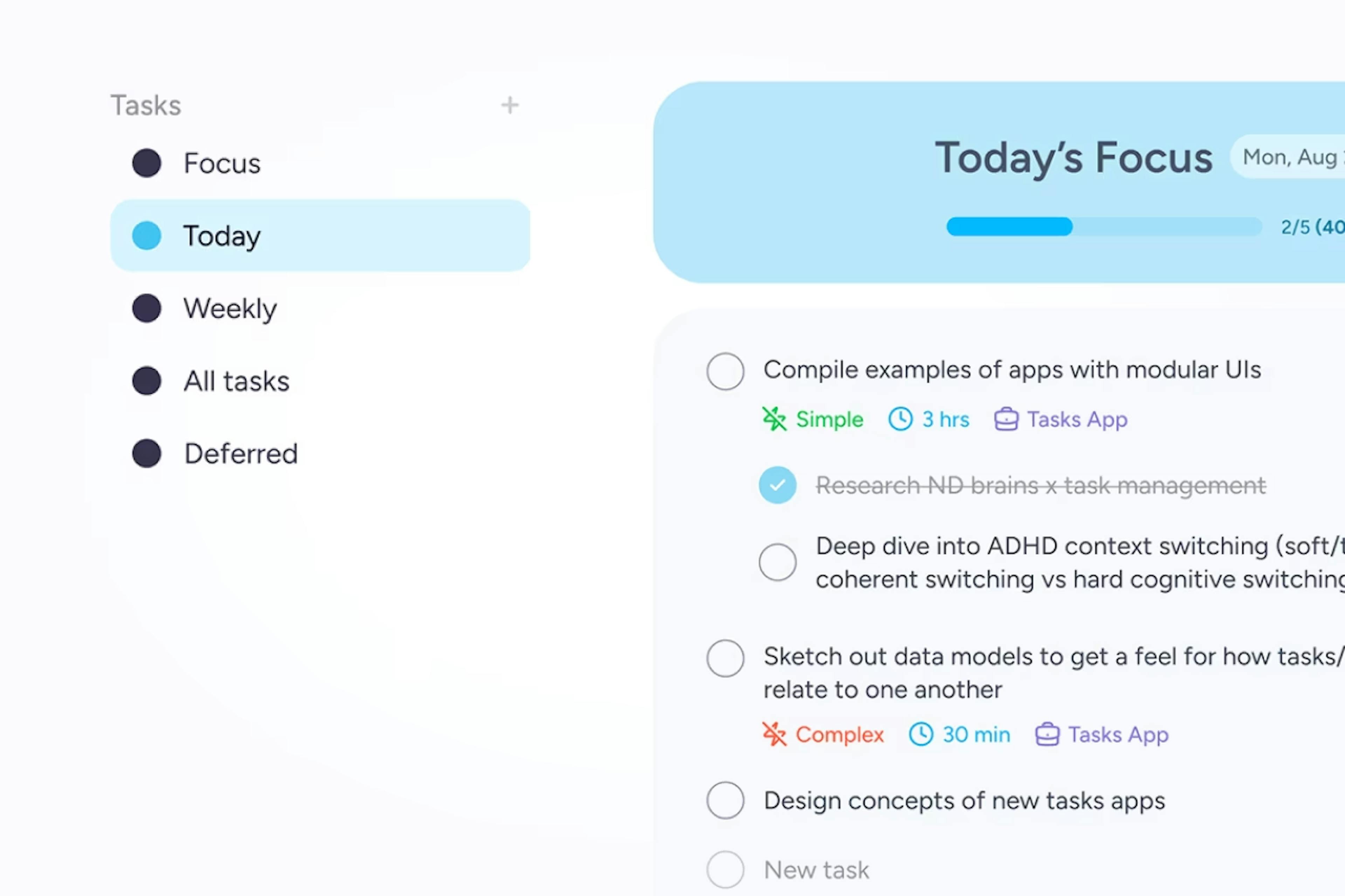 Product UI screenshot of structured tasks lists feature