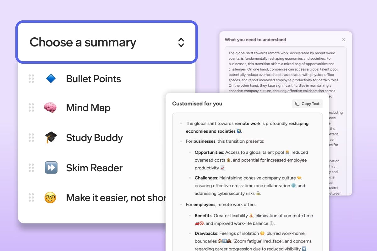 UI screenshot of Readwrite for Work srummaries feature