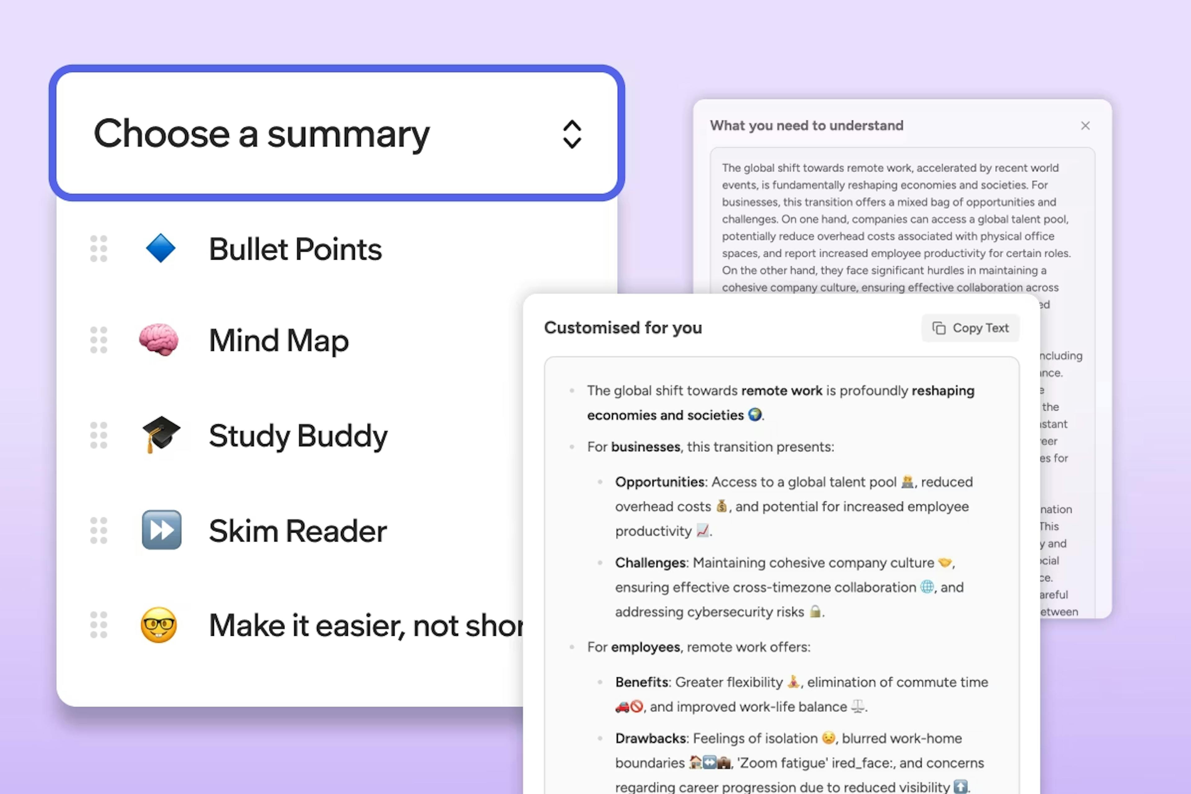UI screenshot of Readwrite for Work srummaries feature