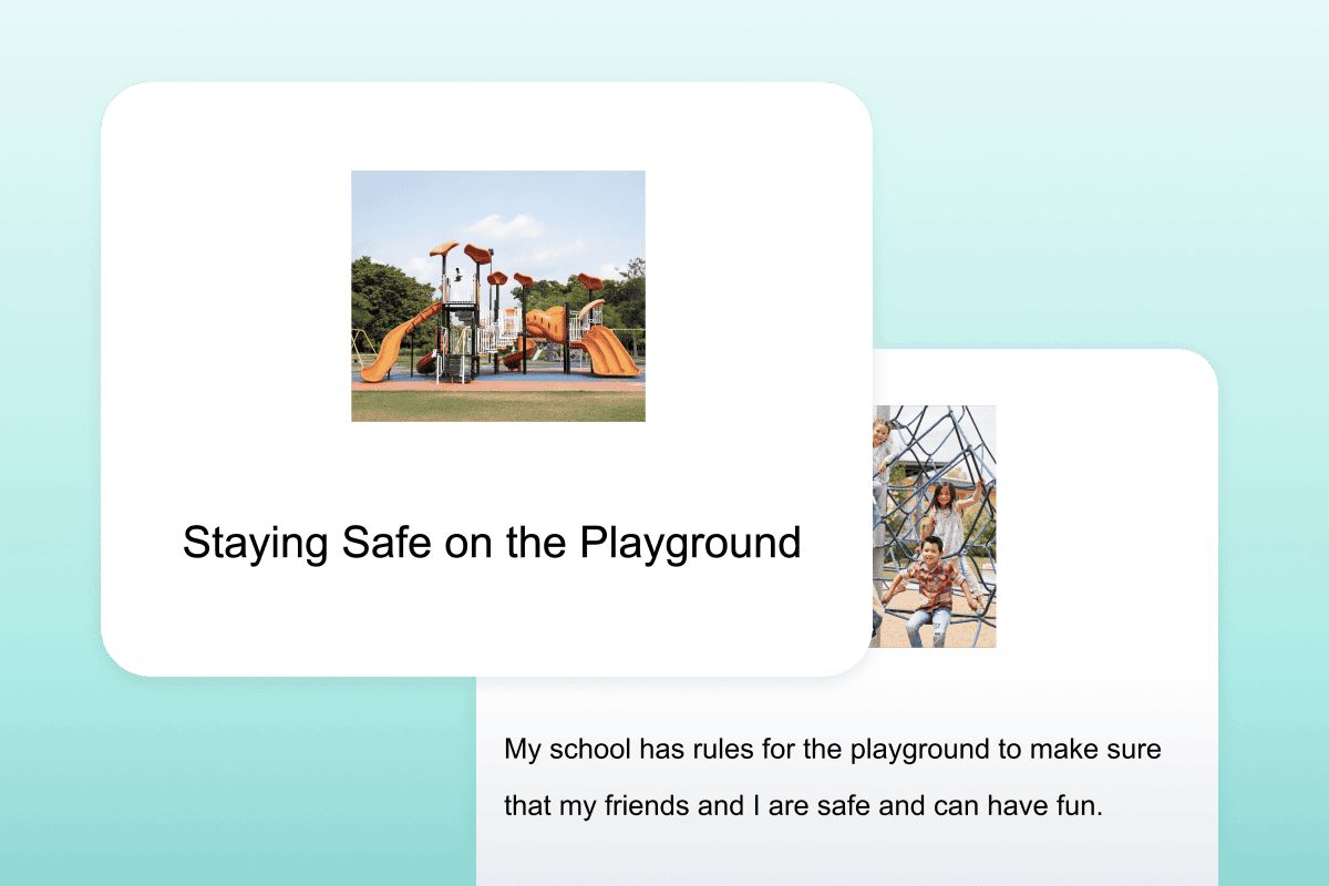 First two pages of a social narrative titled "Staying Safe on the Playground"
