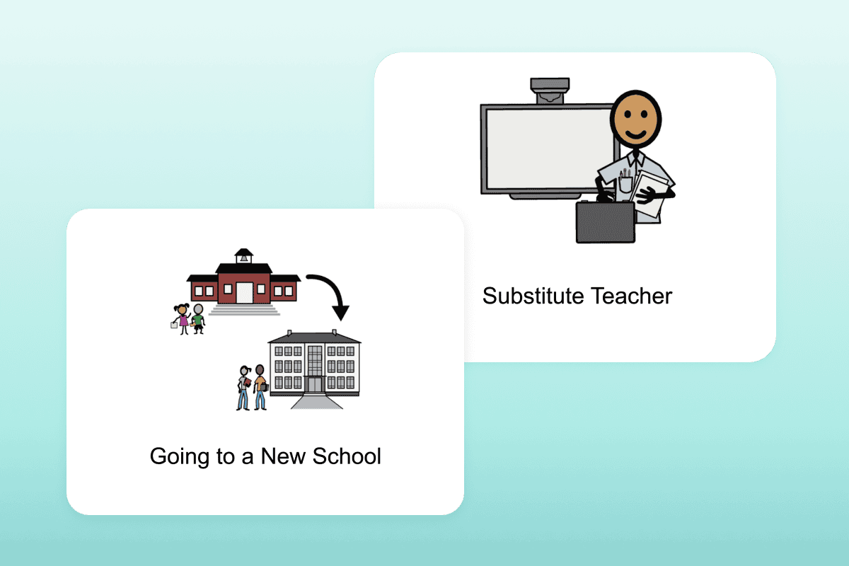 Covers of two different social narratives, titled "Substitute Teacher" and "Going to a New School"