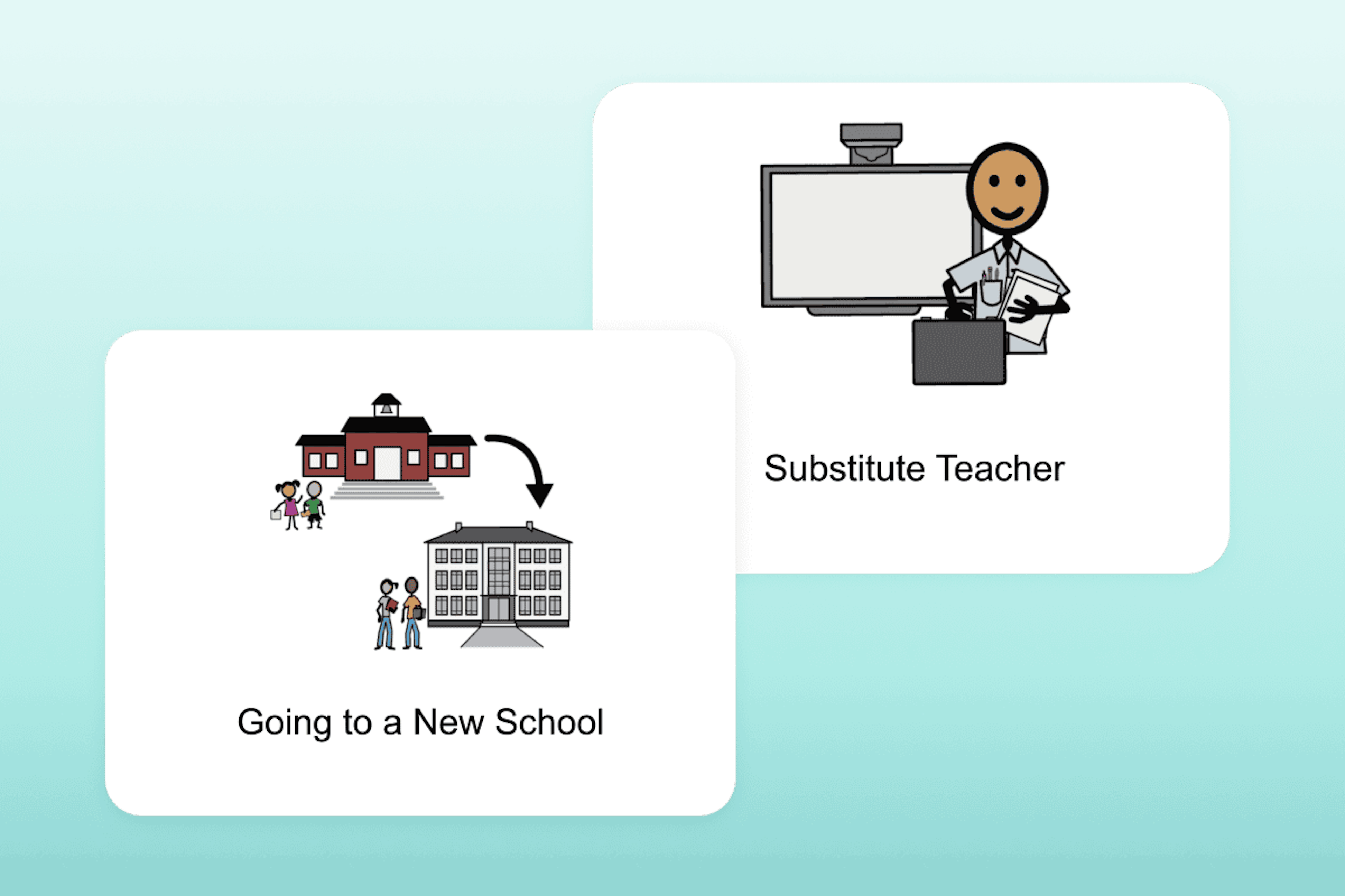 Covers of two different social narratives, titled "Substitute Teacher" and "Going to a New School"