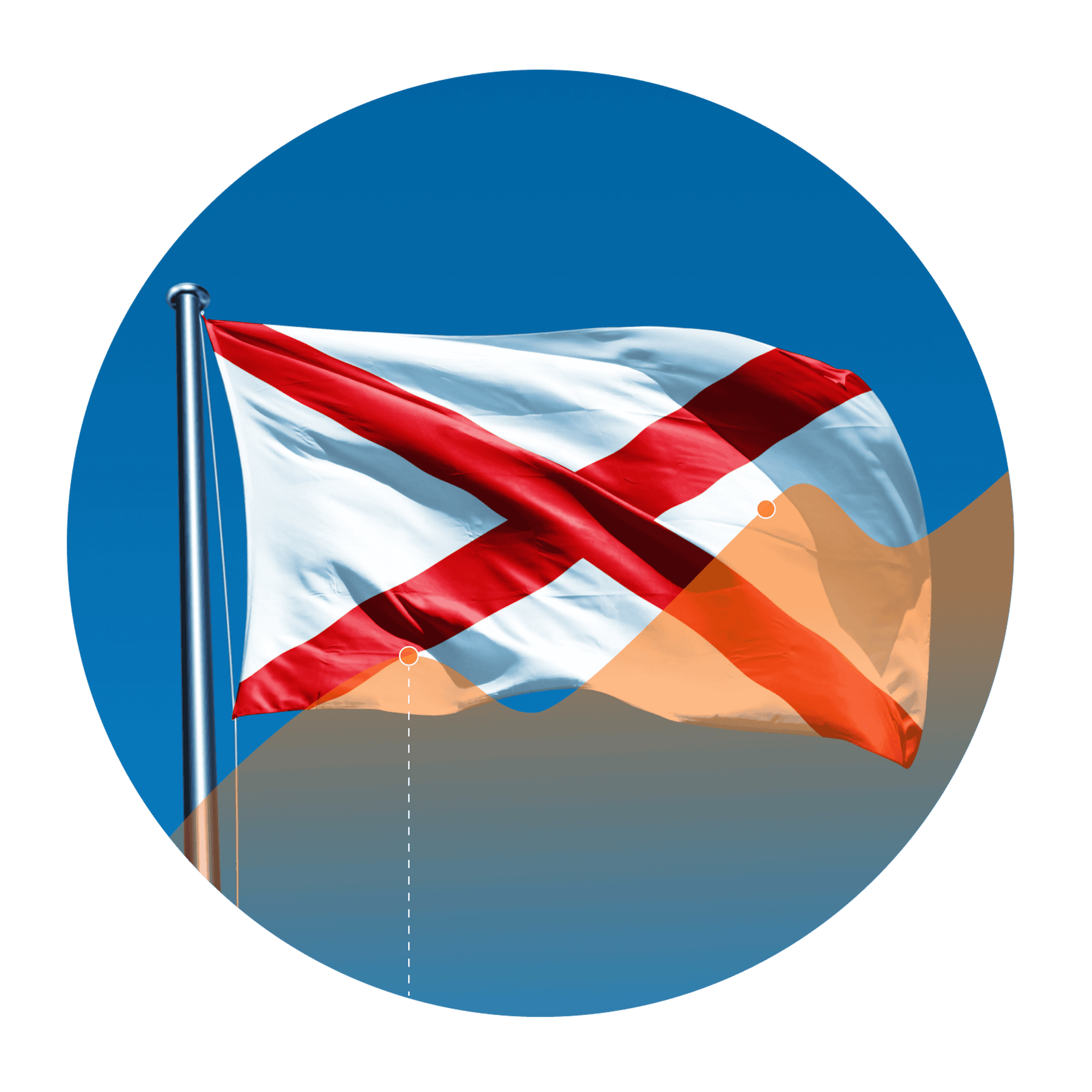 Alabama flag with an overlay of an increasing line graph