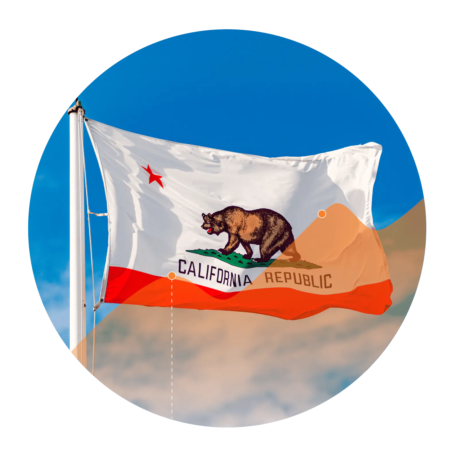 Photo of the California flag with an overlay of an increasing line graph