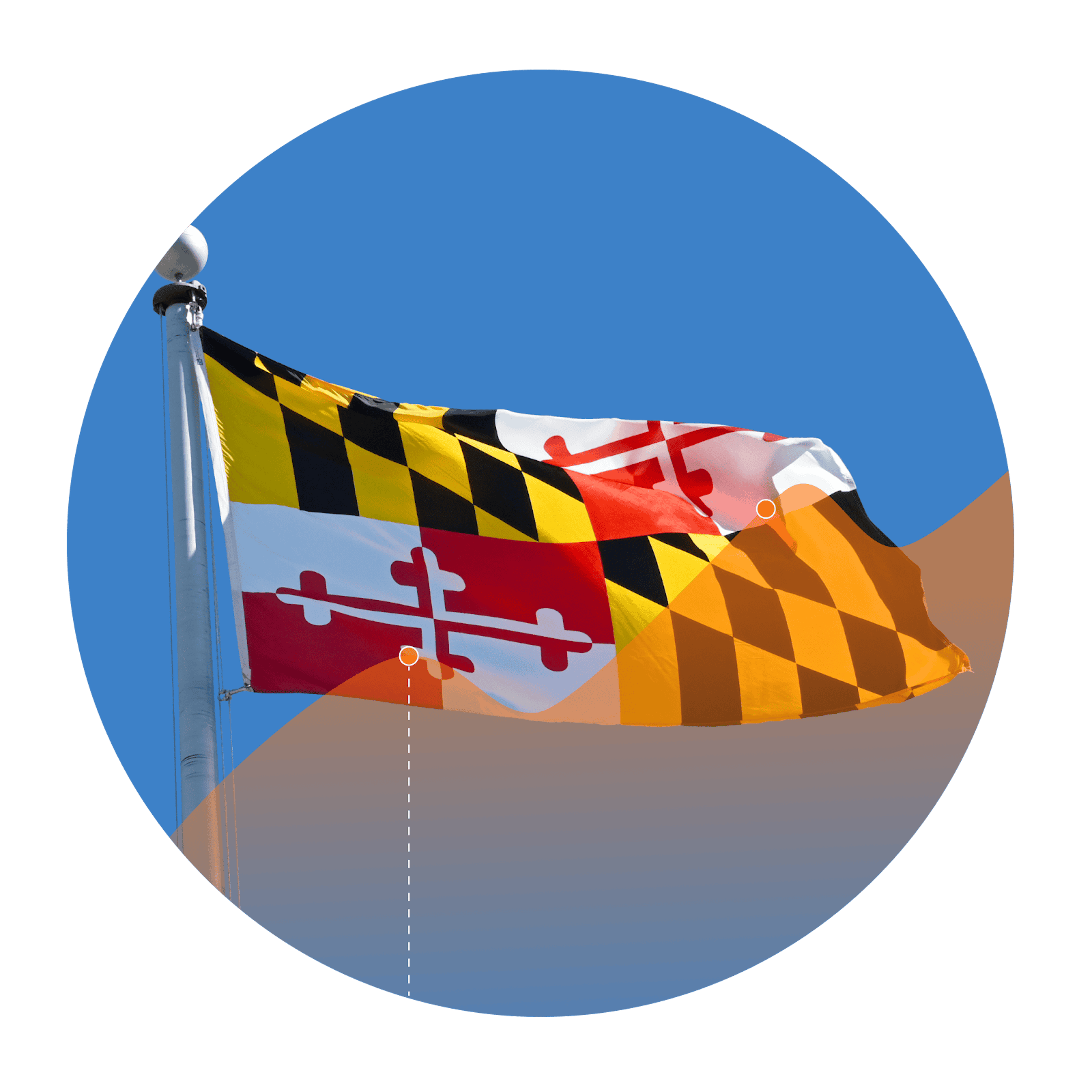 Maryland flag with an overlay of an increasing line graph