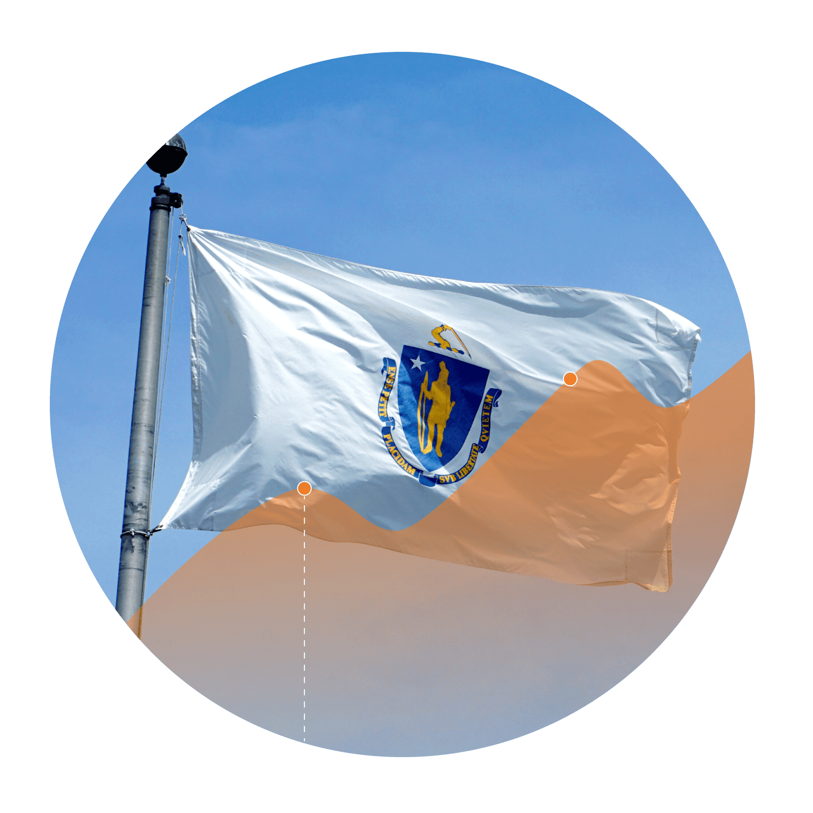 Massachusetts flag with an overlay of an increasing line graph