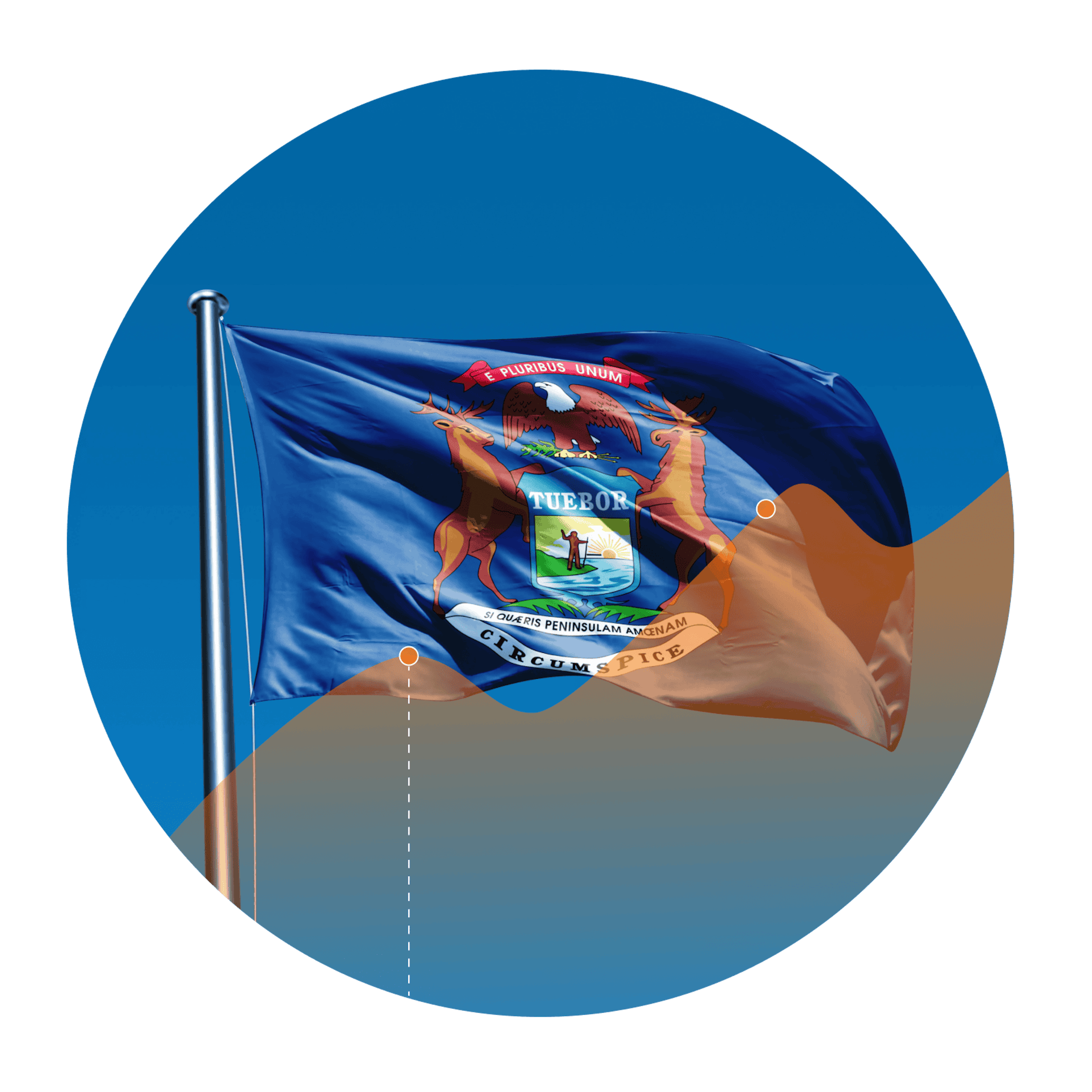 Michigan flag with an overlay of an increasing line graph