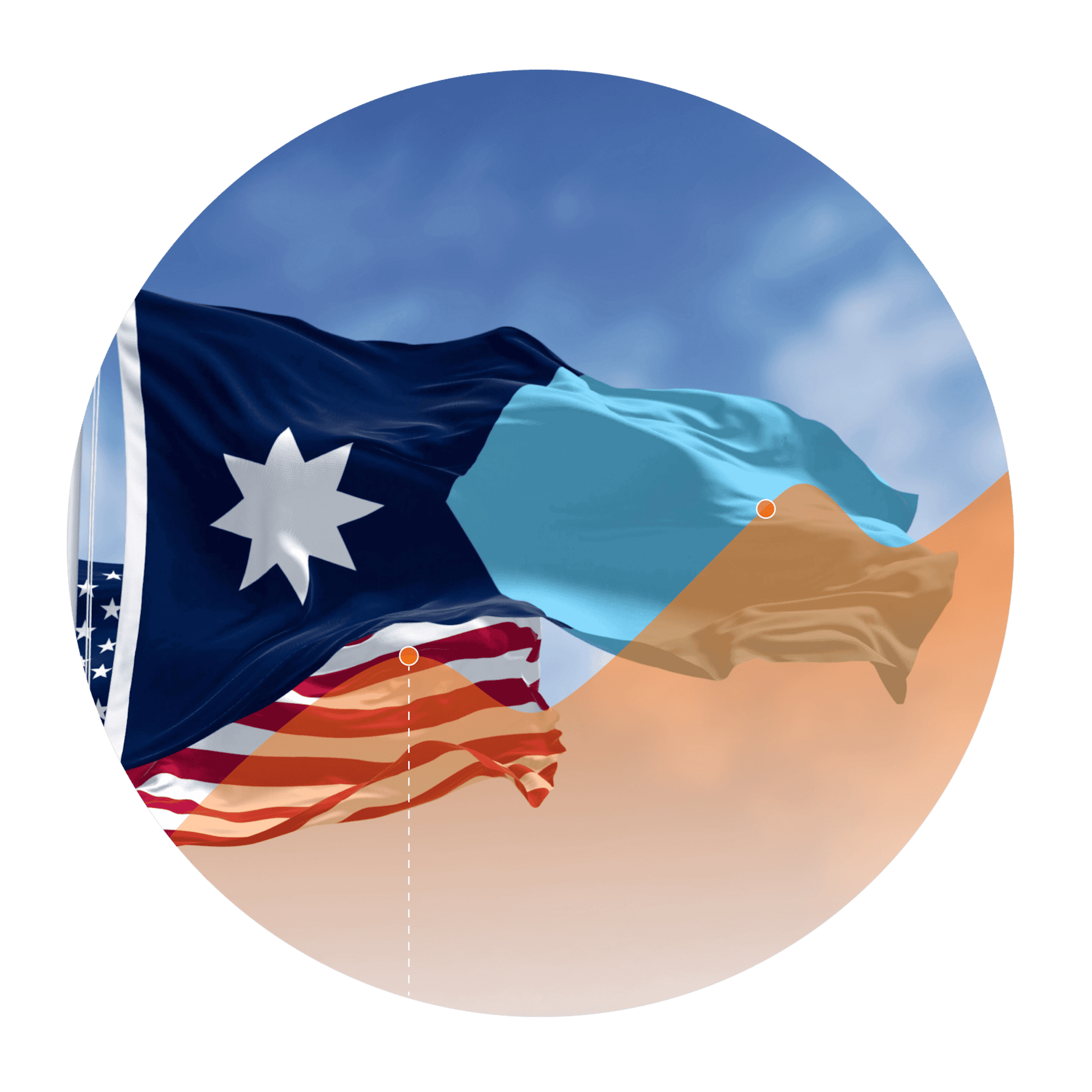 Photo of the Minnesota flag with an overlay of an increasing line graph