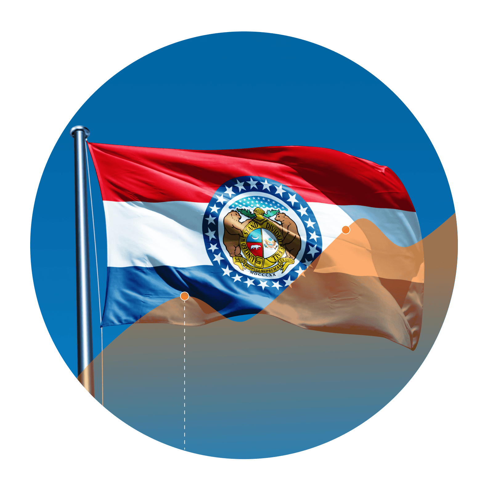 Photo of the Missouri flag with an overlay of an increasing line graph