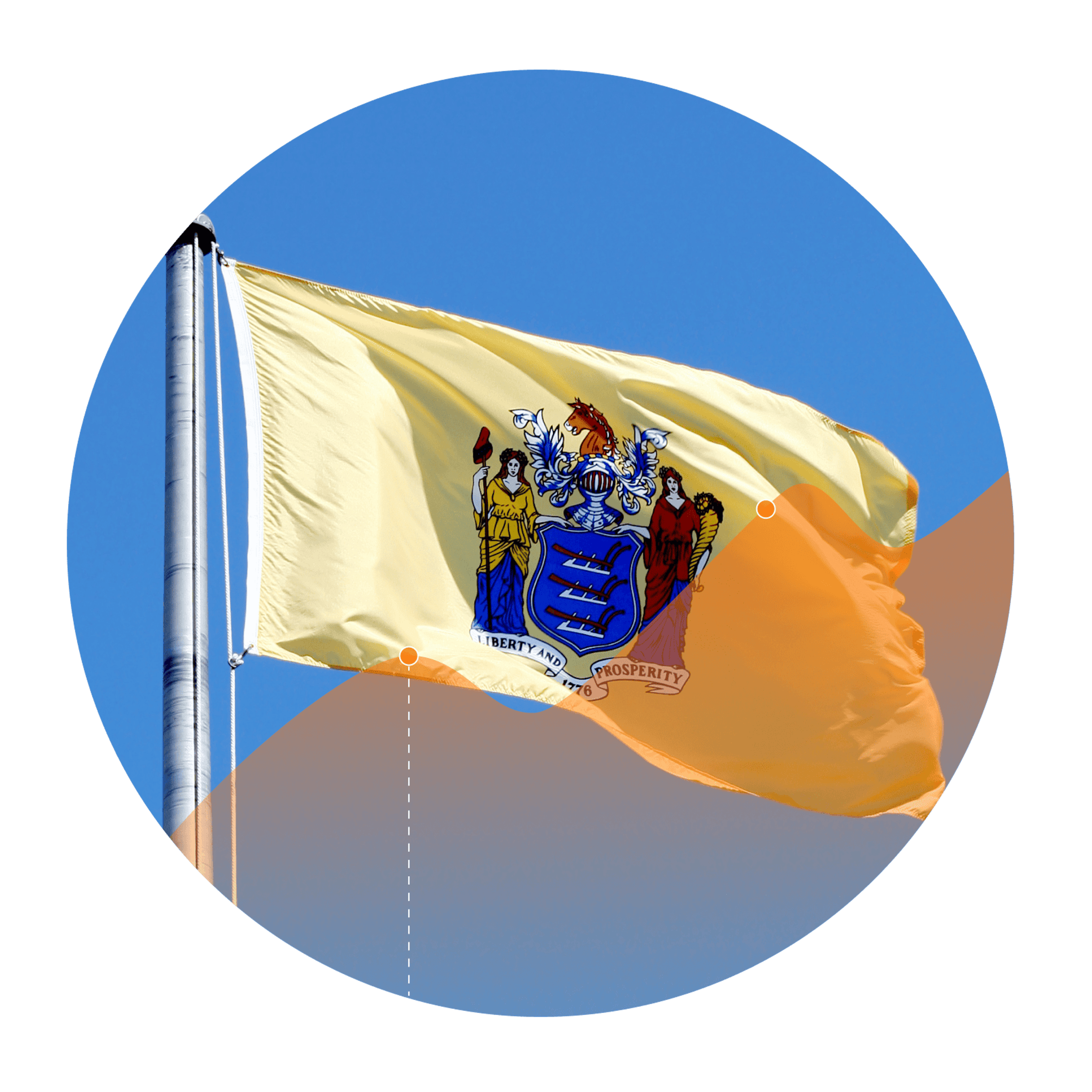 Photo of the New Jersey flag with an overlay of an increasing line graph
