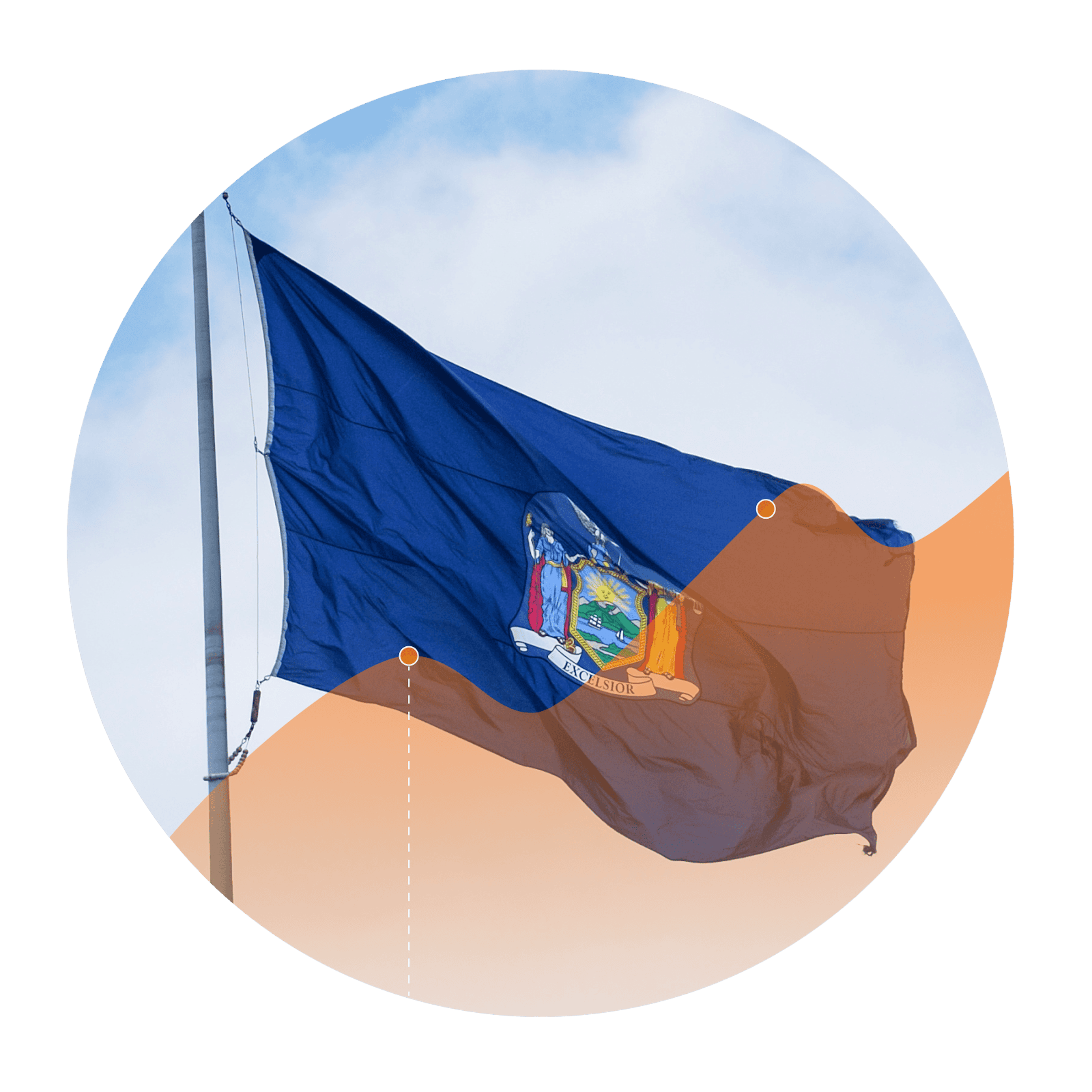 Photo of the New York flag with an overlay of an increasing line graph