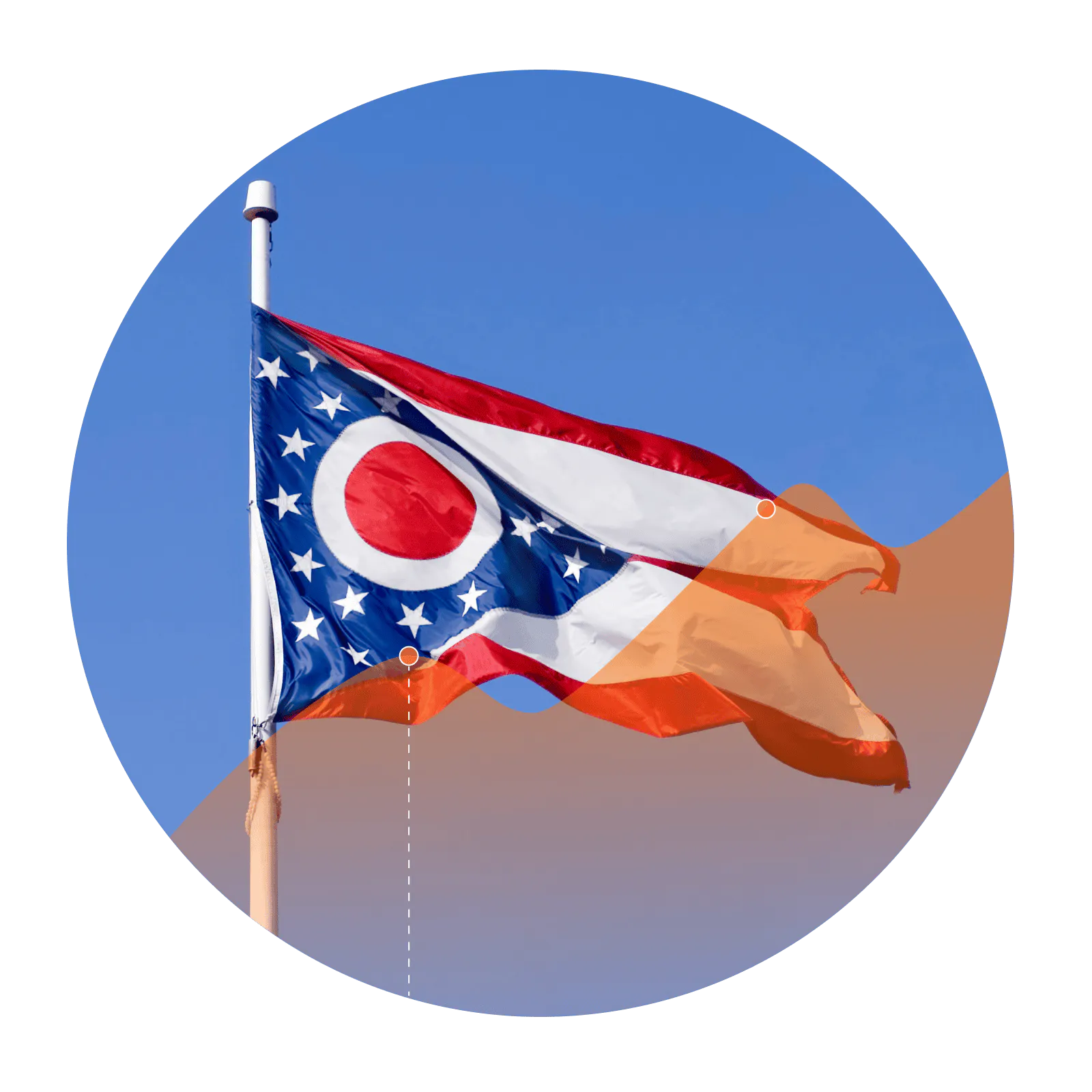 Photo of the Ohio flag with an overlay of an increasing line graph