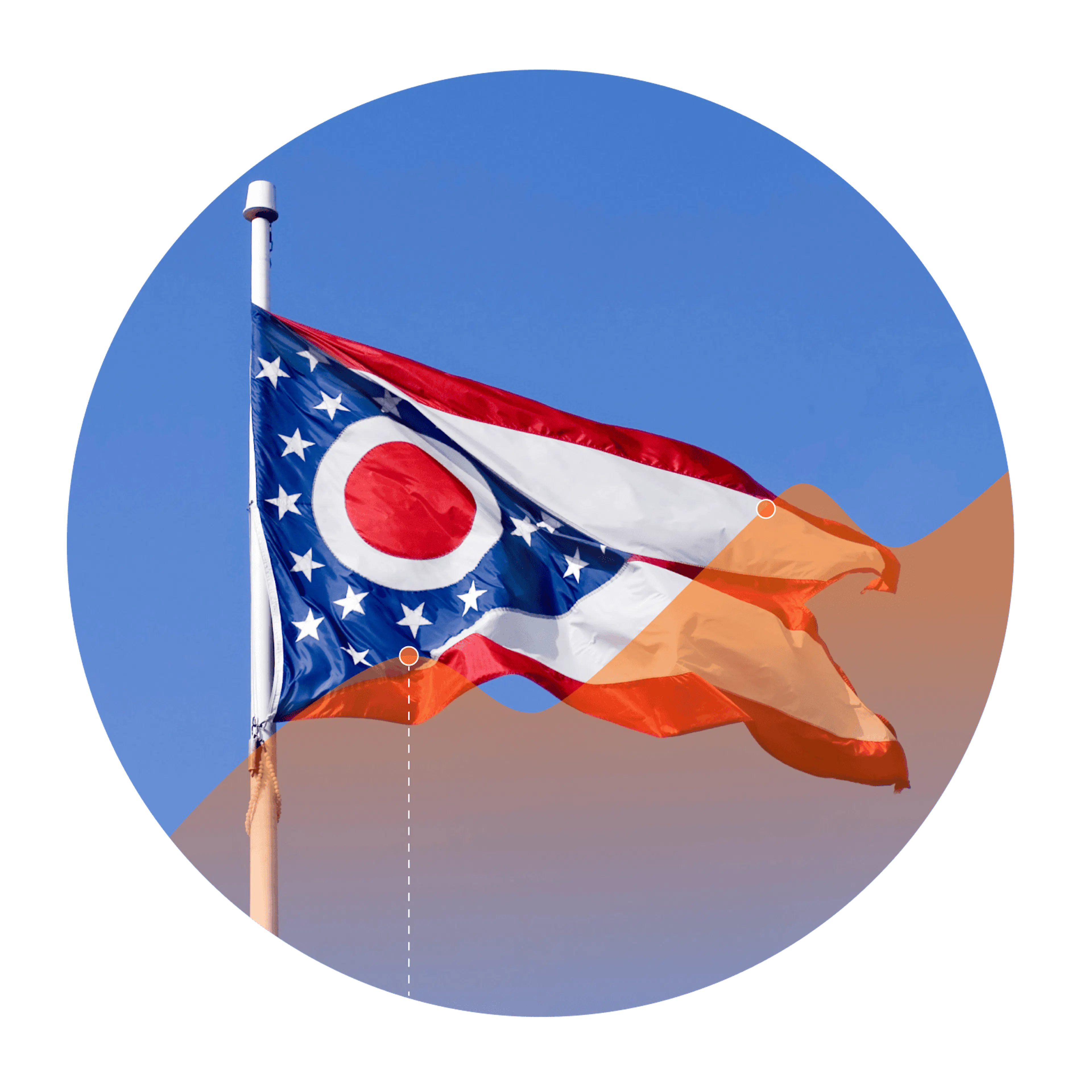 Photo of the Ohio flag with an overlay of an increasing line graph