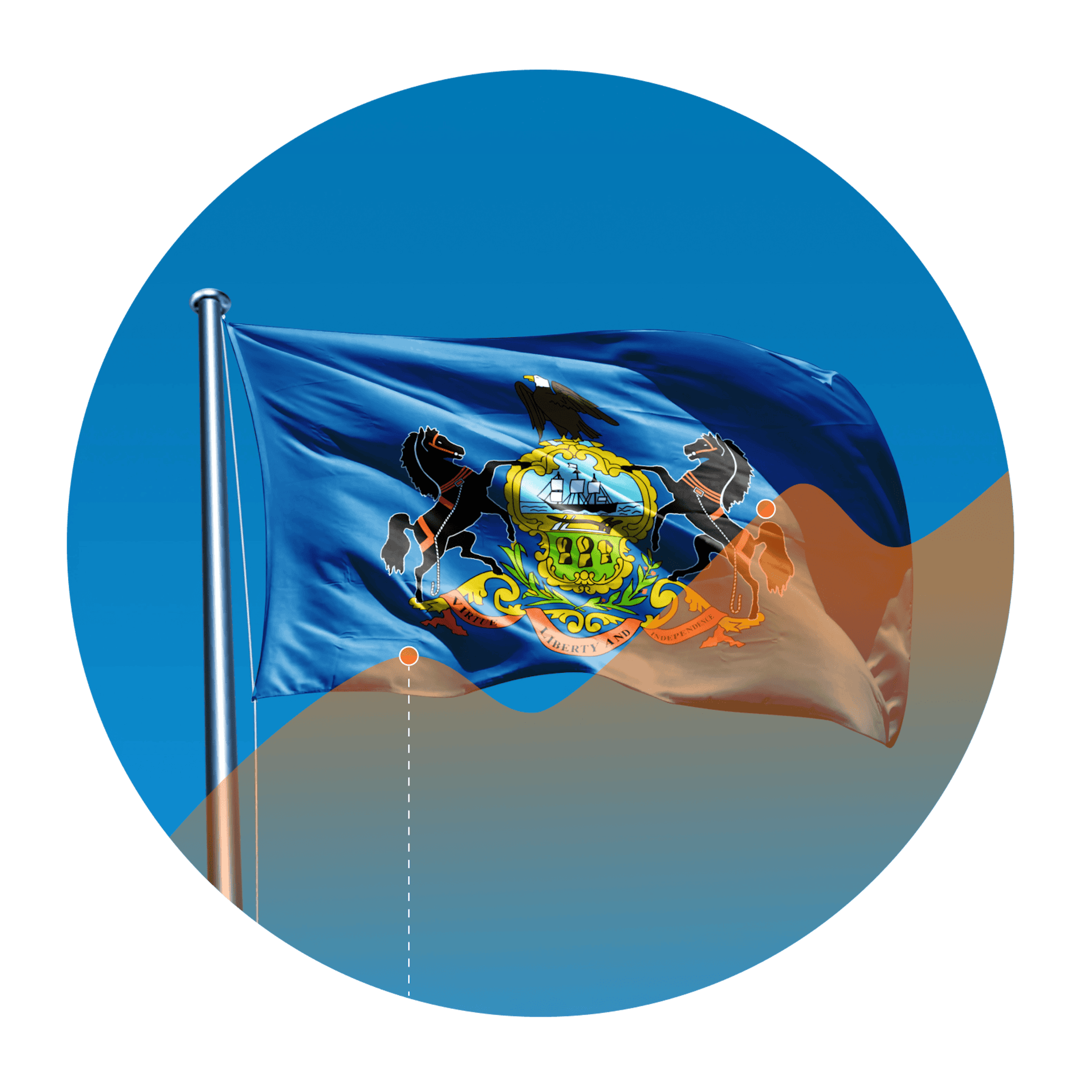 Photo of the Pennsylvania flag with an overlay of an increasing line graph