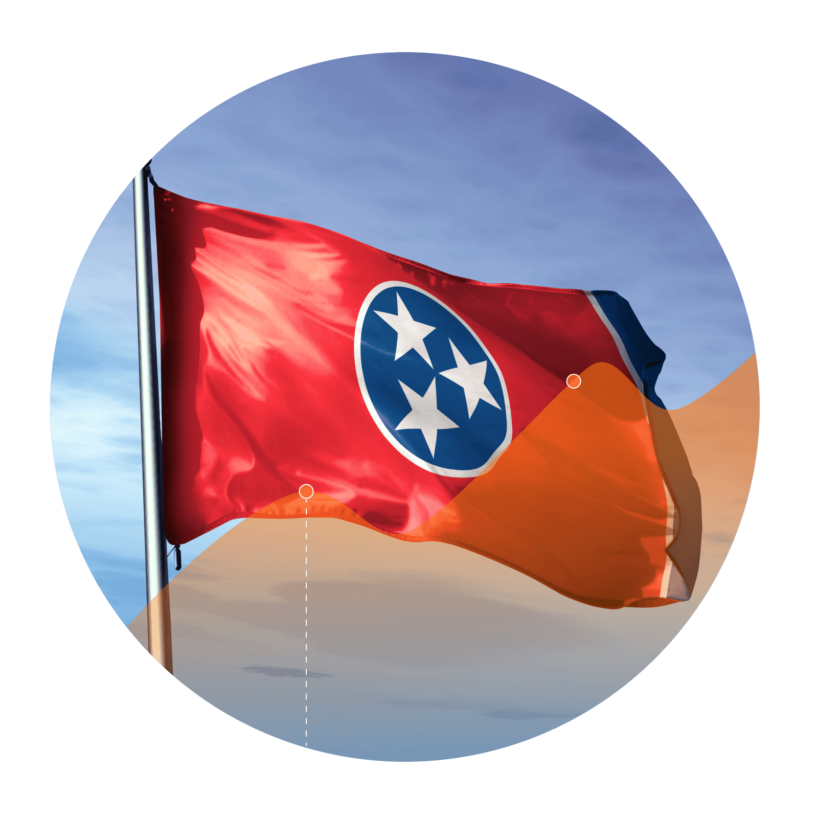 Photo of the Tennessee flag with an overlay of an increasing line graph