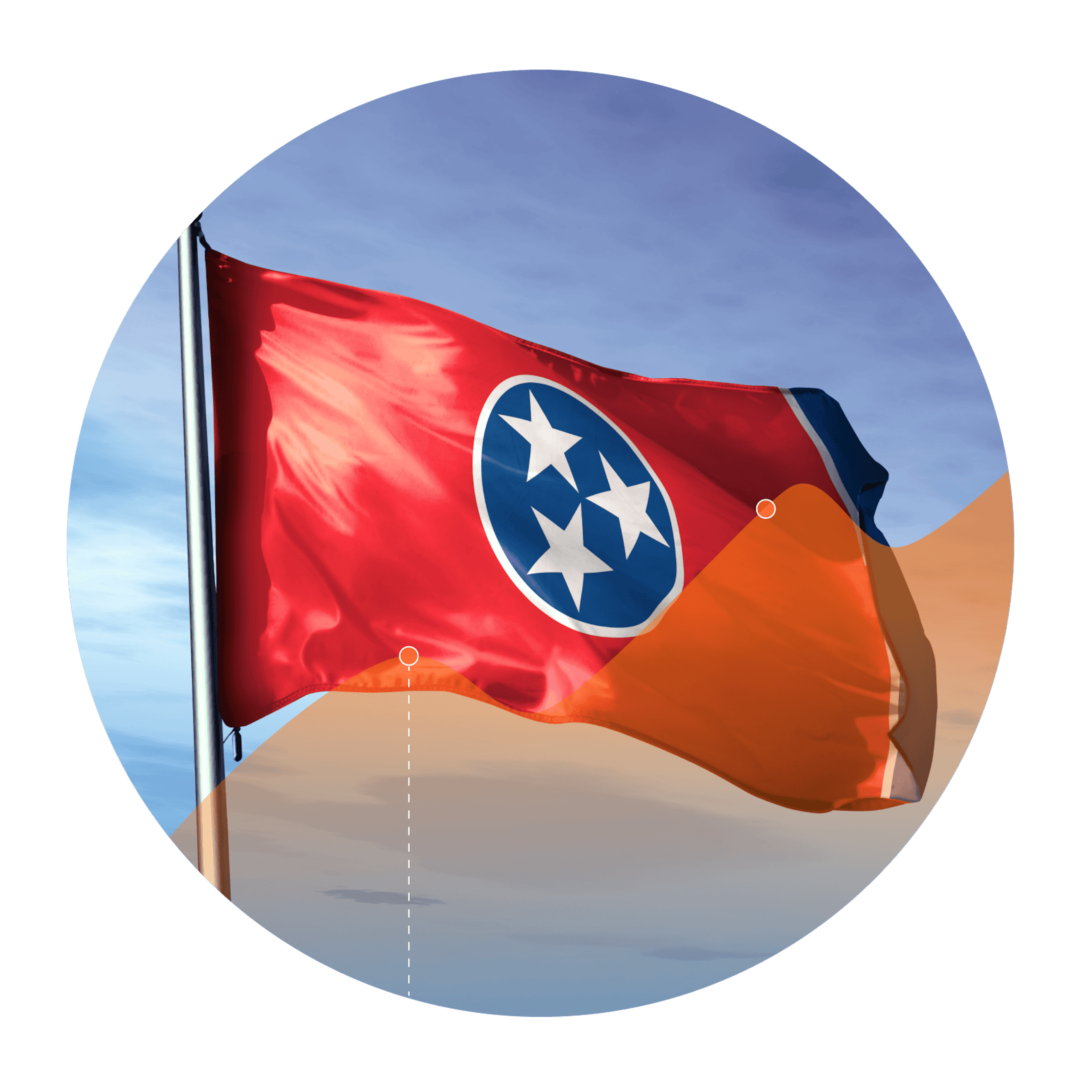 Photo of the Tennessee flag with an overlay of an increasing line graph