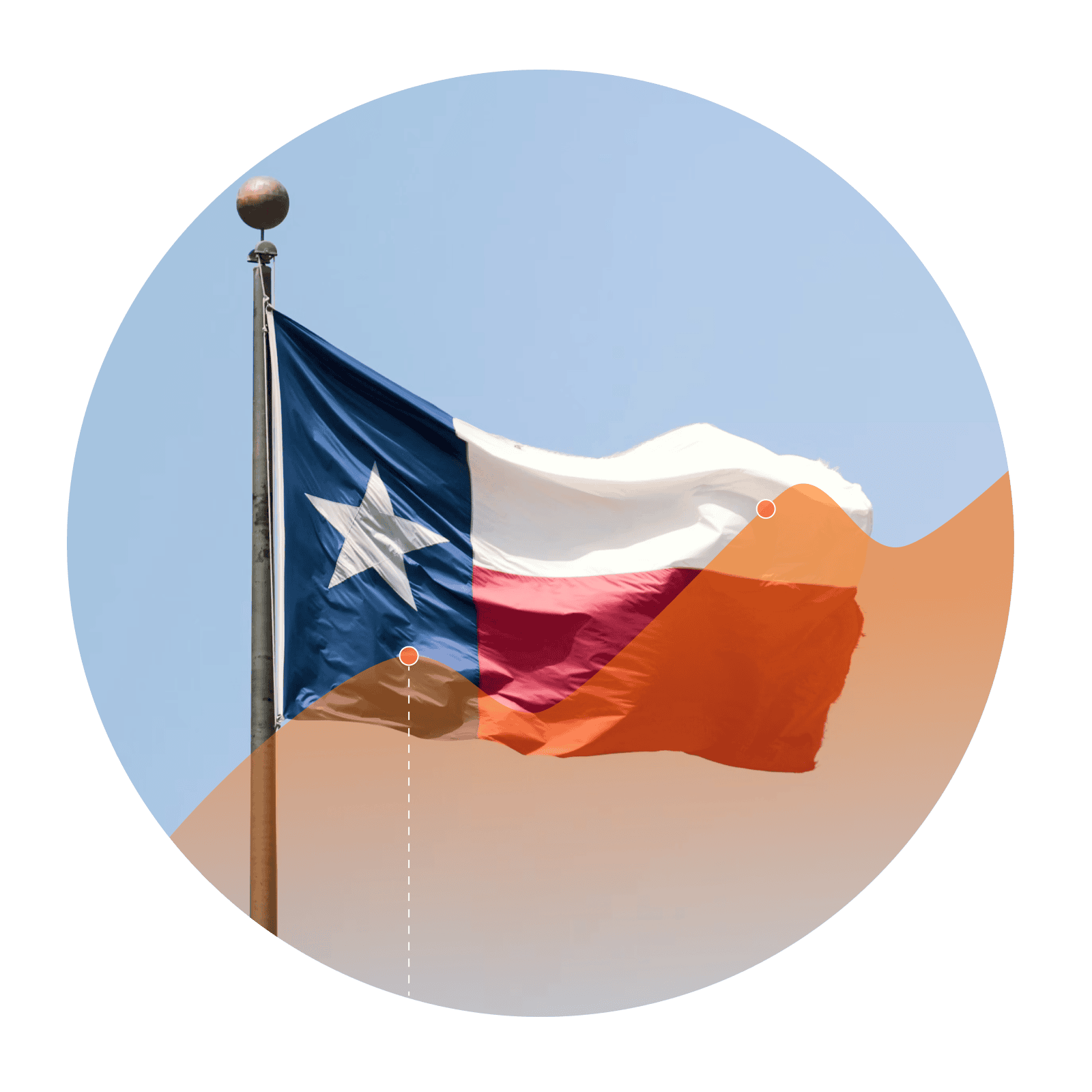 Photo of the Texas flag with an overlay of an increasing line graph