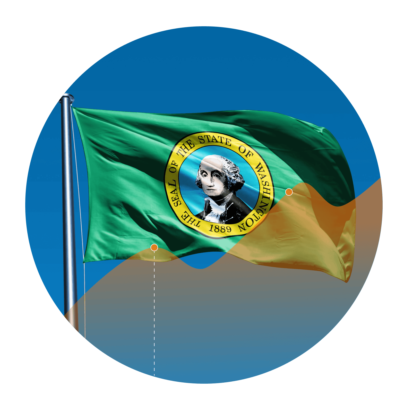 Photo of the Washington flag with an overlay of an increasing line graph