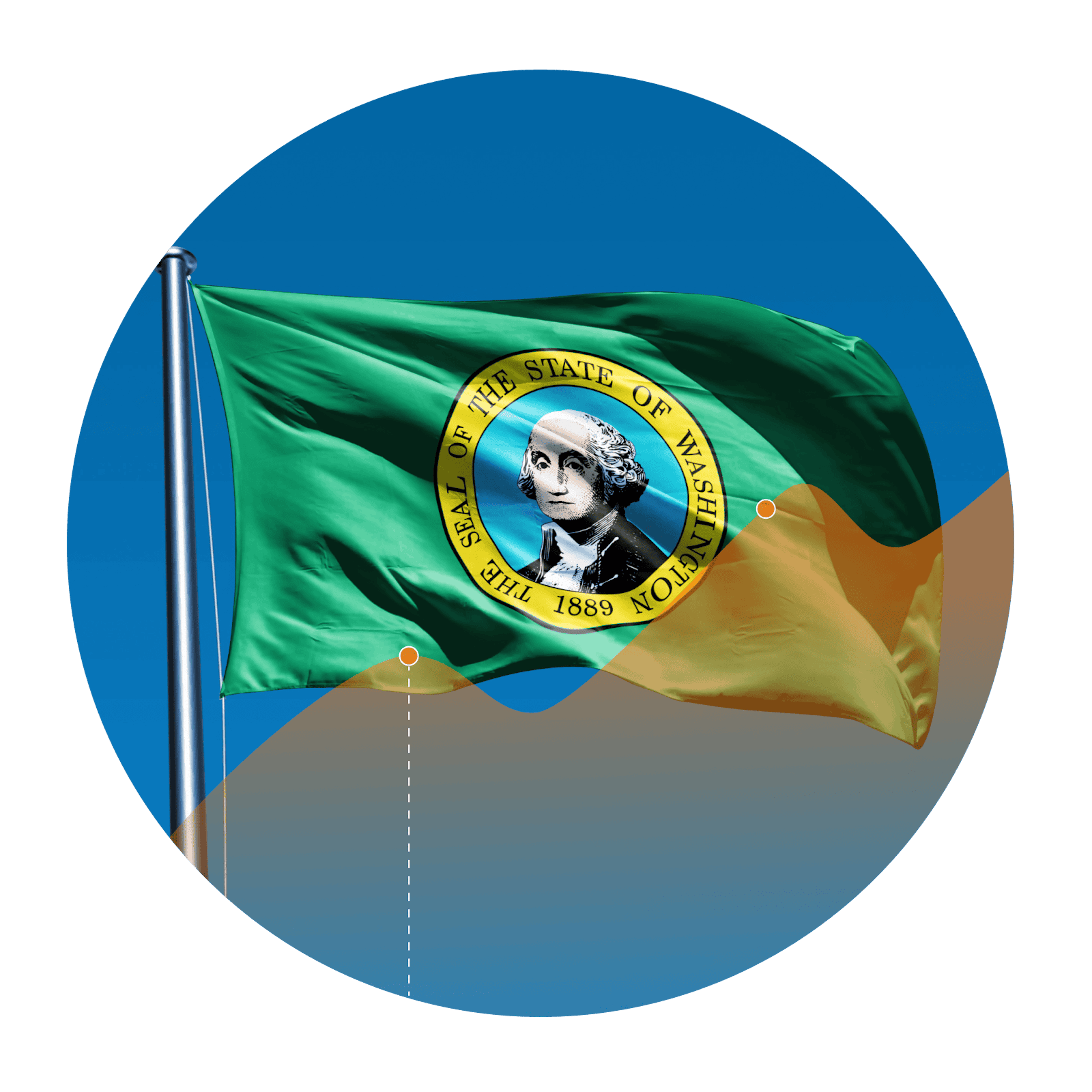 Photo of the Washington flag with an overlay of an increasing line graph