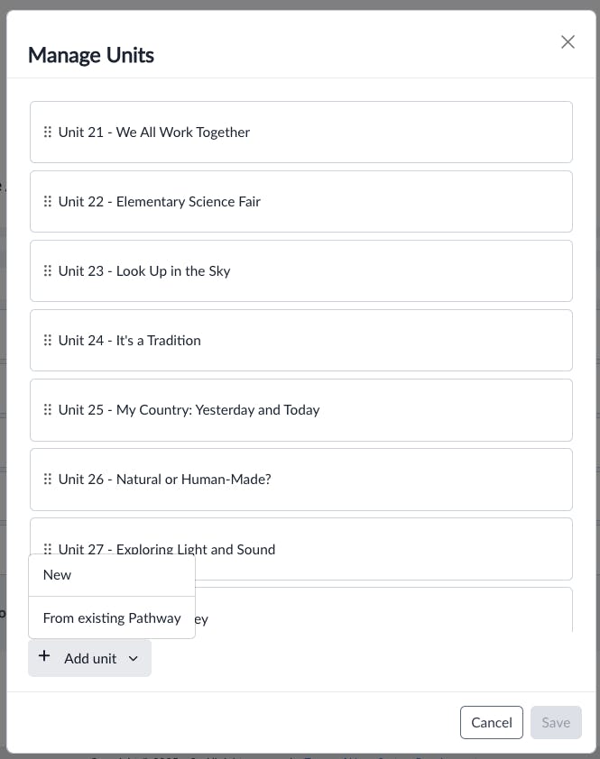 Window titled “Manage Units” showing a draggable list of curriculum units with an “Add unit” menu and Cancel/Save buttons.