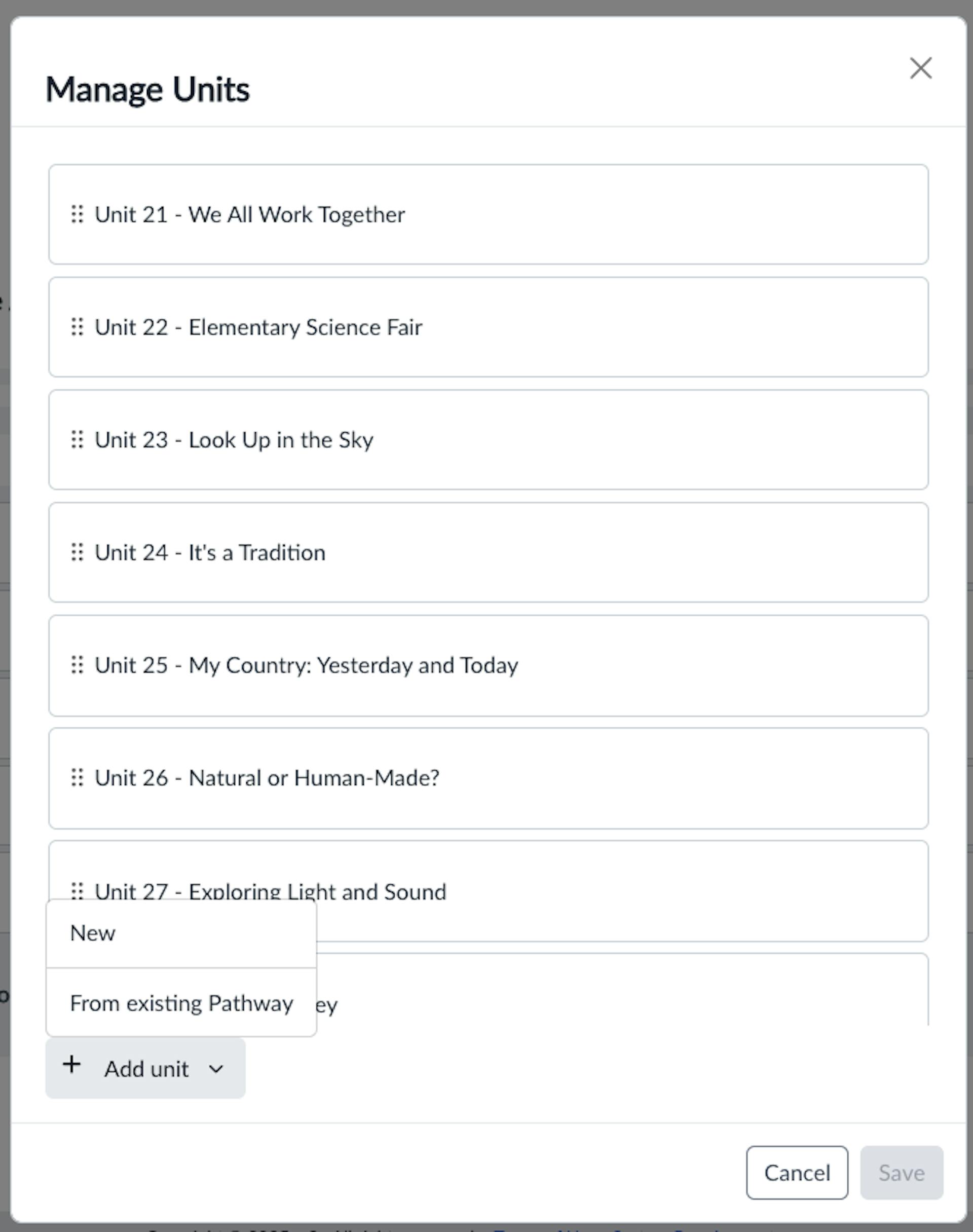 Window titled “Manage Units” showing a draggable list of curriculum units with an “Add unit” menu and Cancel/Save buttons.