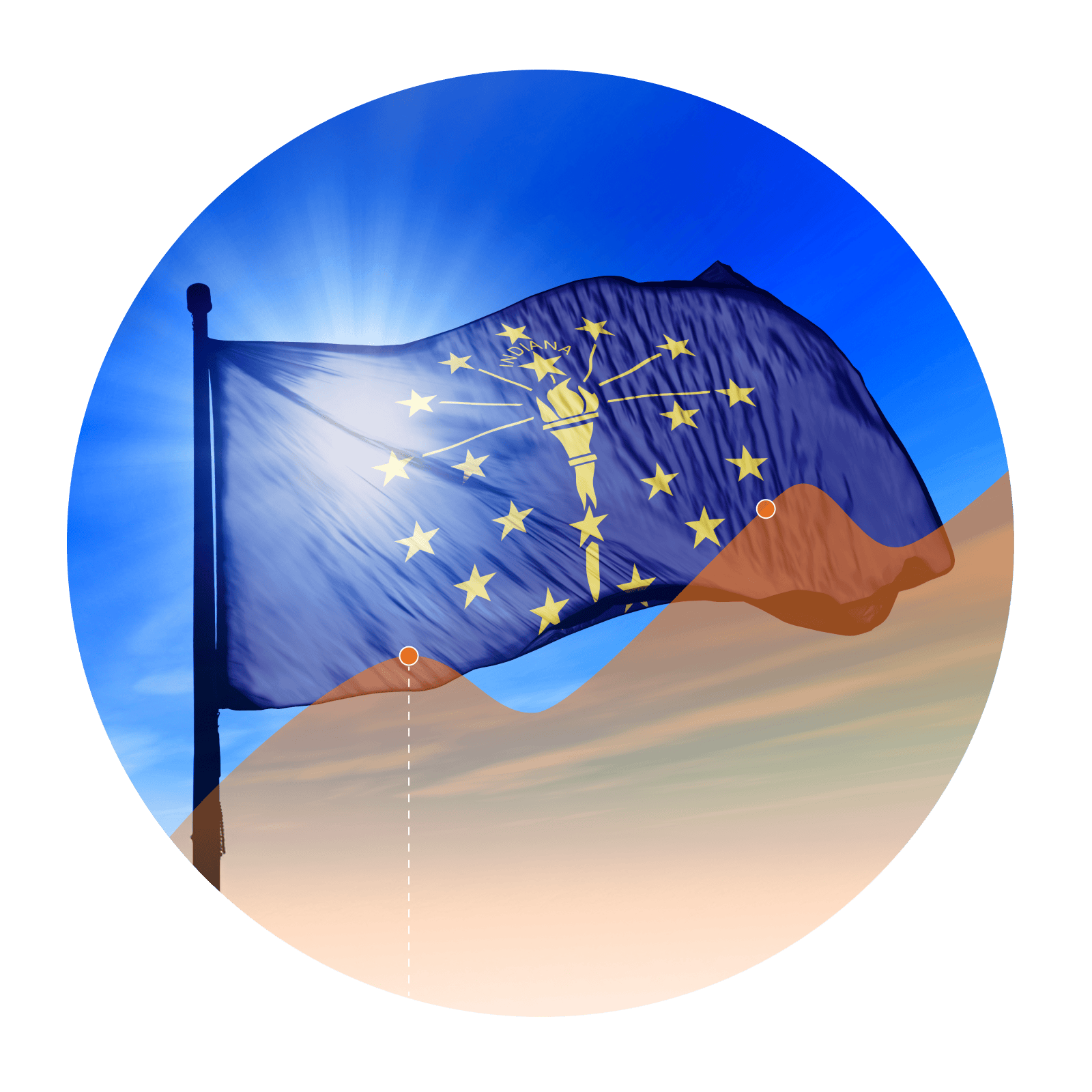 Photo of the Indiana flag with an overlay of an increasing line graph