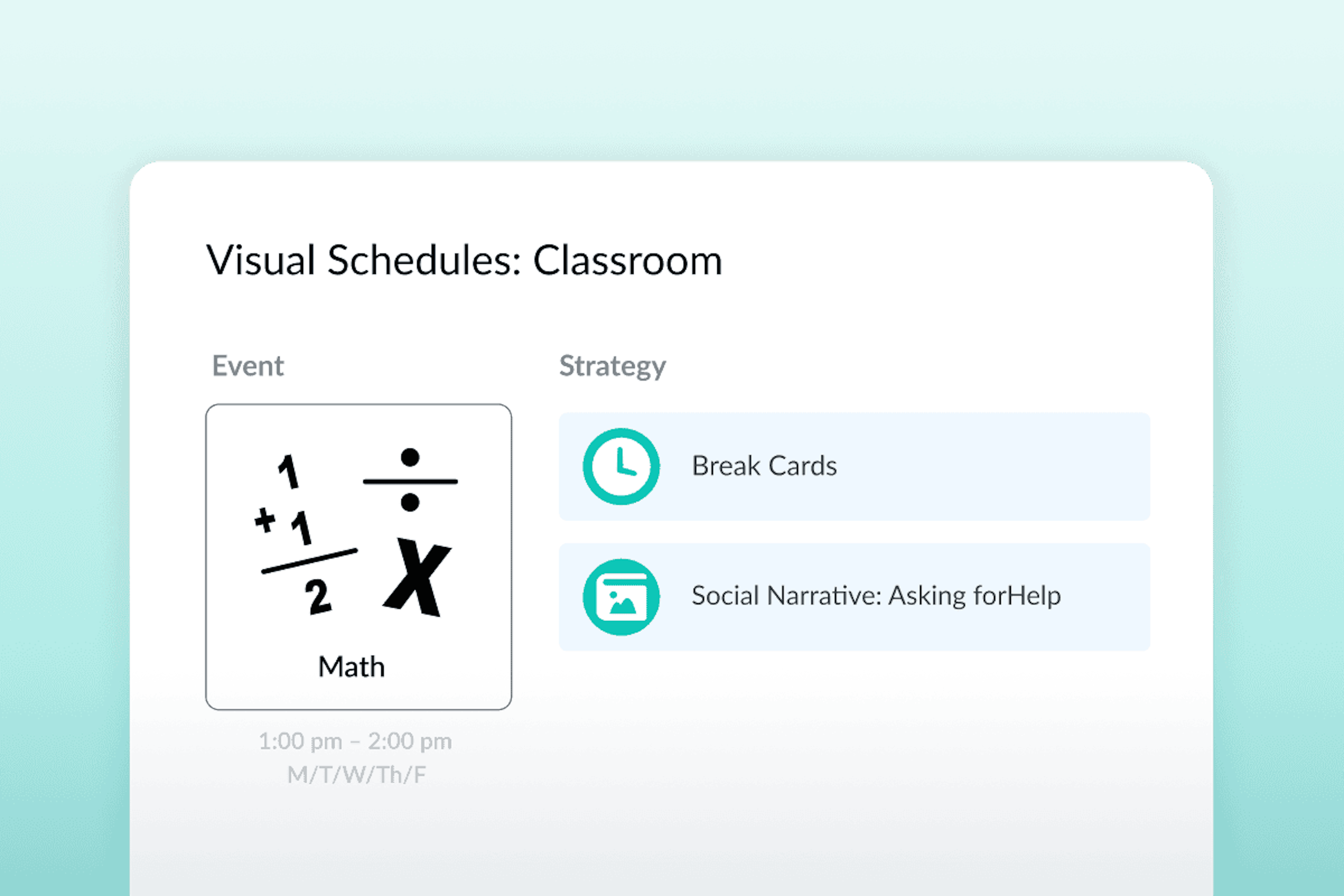 Visual schedule event for a math class