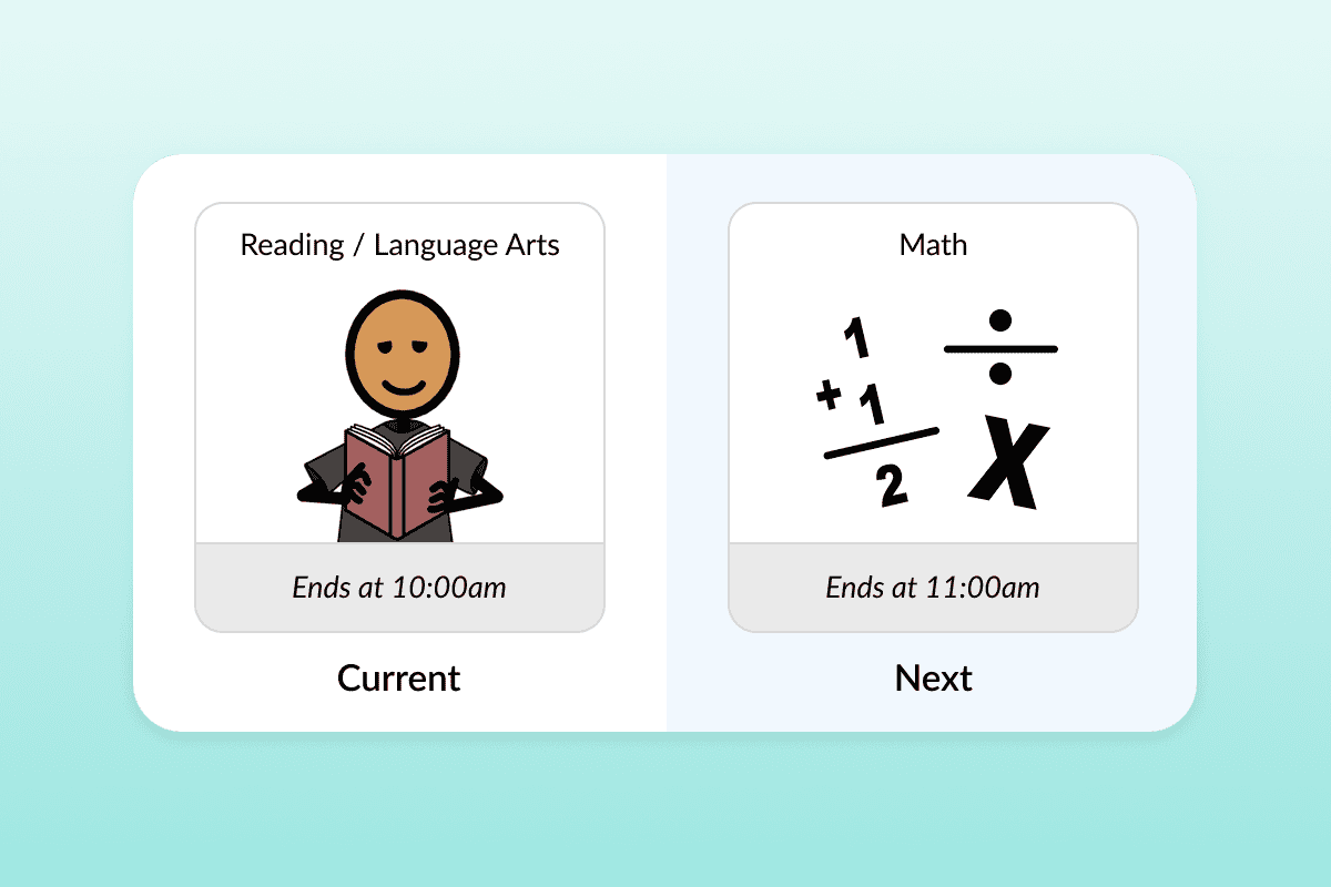 Visual schedule showing Reading / Language Arts as the current schedule item and Math as the next item.