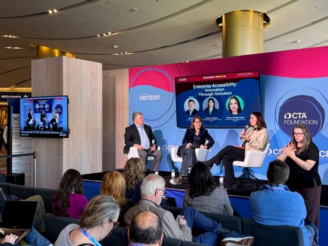 Lauren Lobrano from Amazon, Matt Ater from Vispero and Glenna Wright-Gallo from Everway on stage during a panel session at CES.