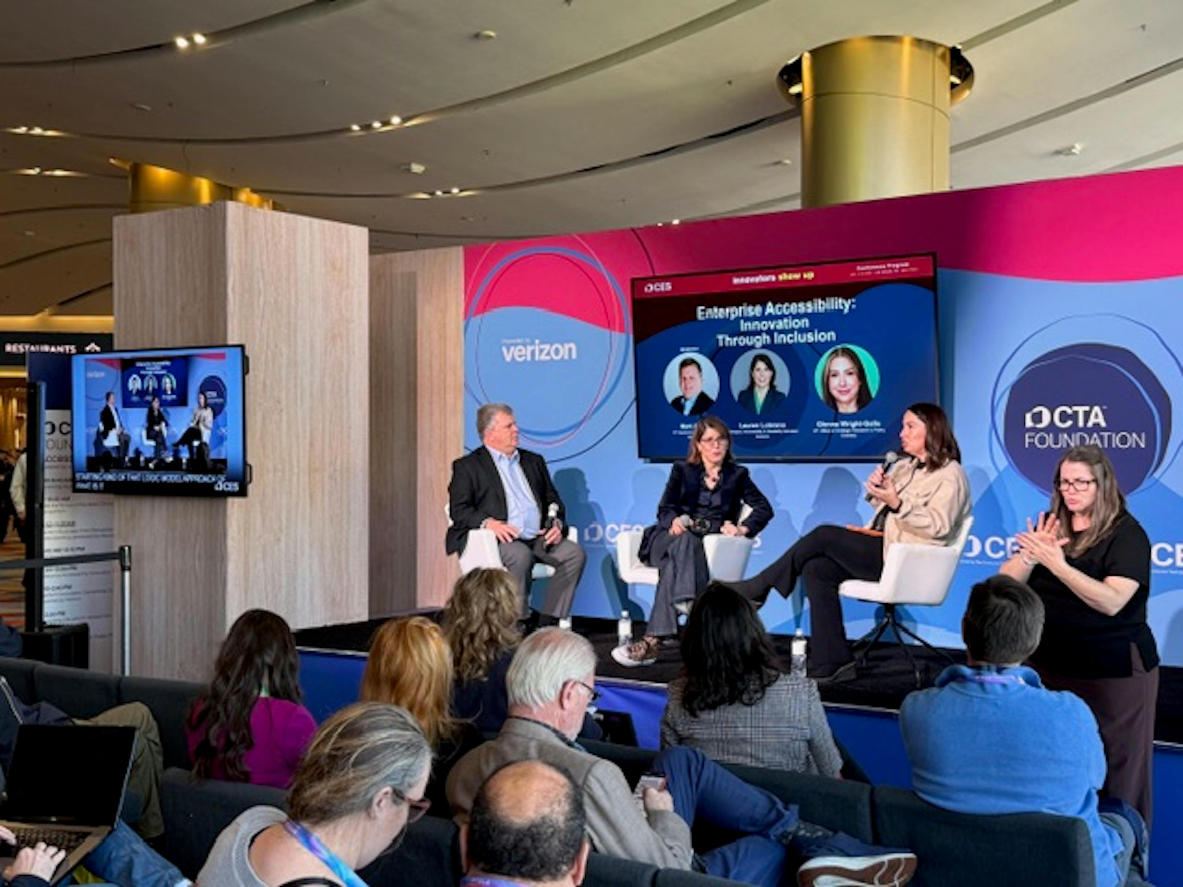 Lauren Lobrano from Amazon, Matt Ater from Vispero and Glenna Wright-Gallo from Everway on stage during a panel session at CES.