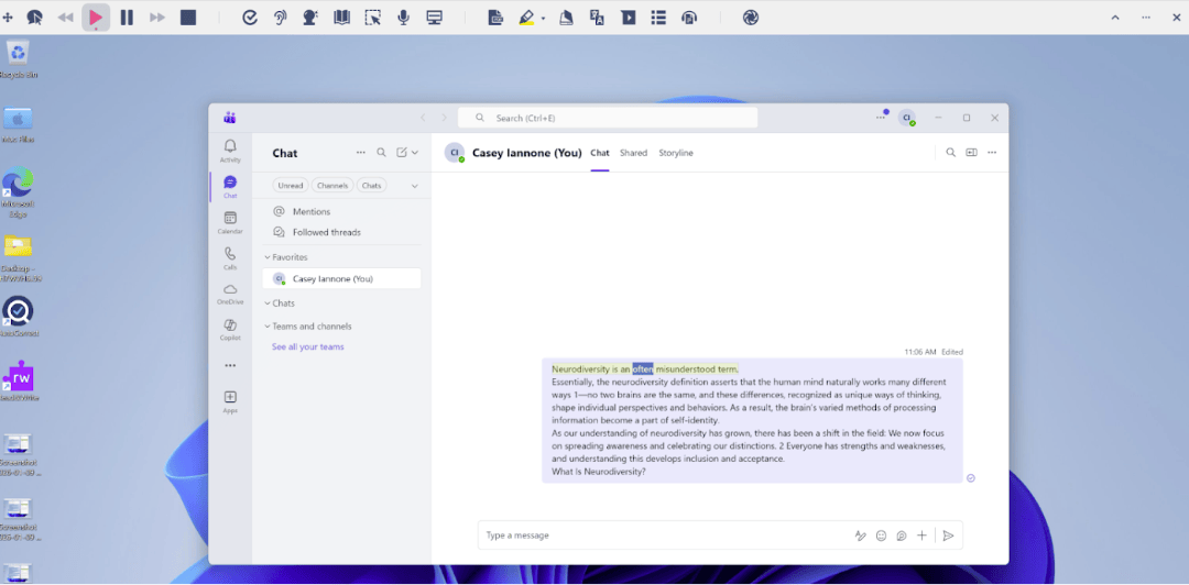 Microsoft Teams chat window showing a draft message about neurodiversity, with highlighted text and an editing cursor indicating active writing.
