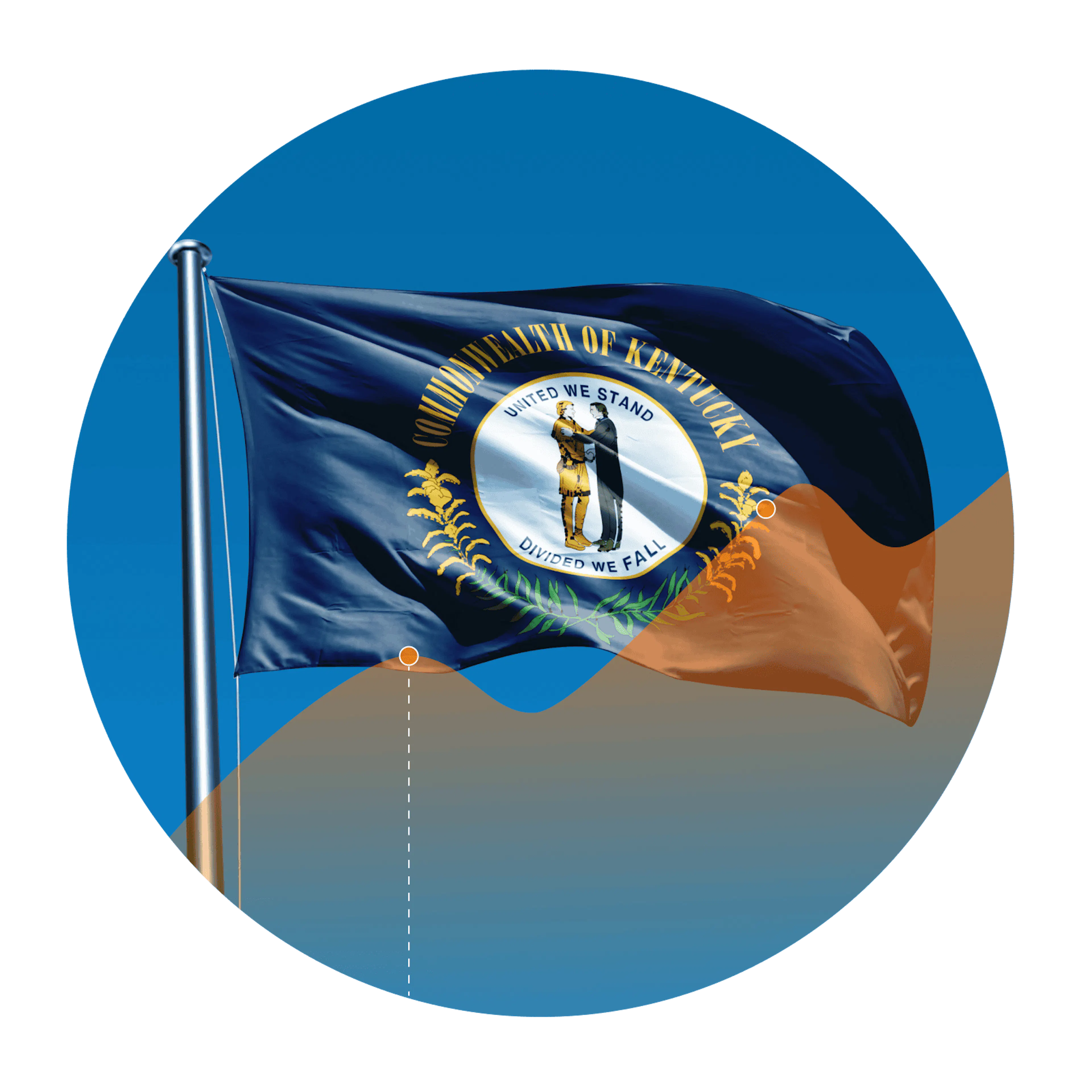 Kentucky state flag with an overlay of an increasing line graph