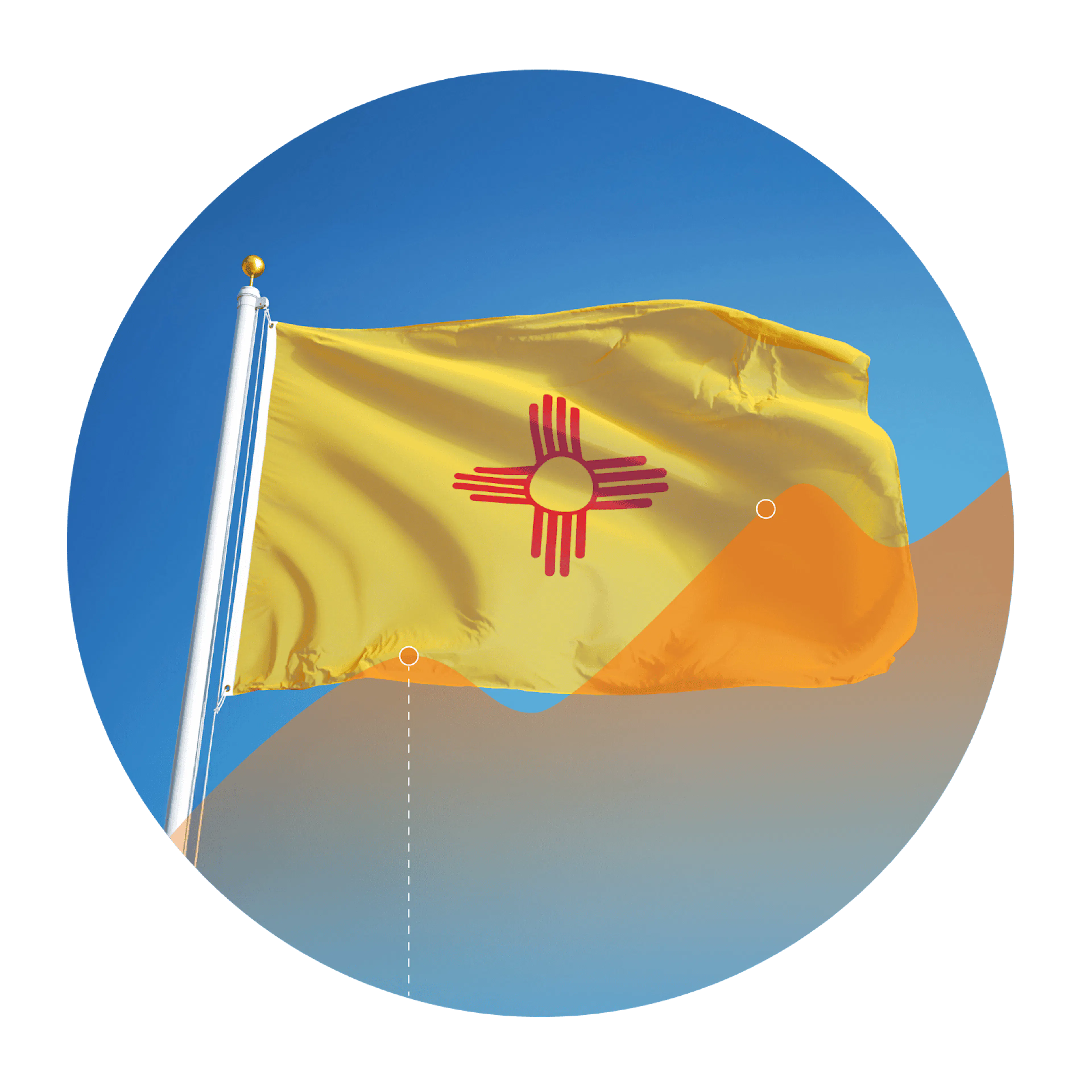 New Mexico state flag with an overlay of an increasing line graph