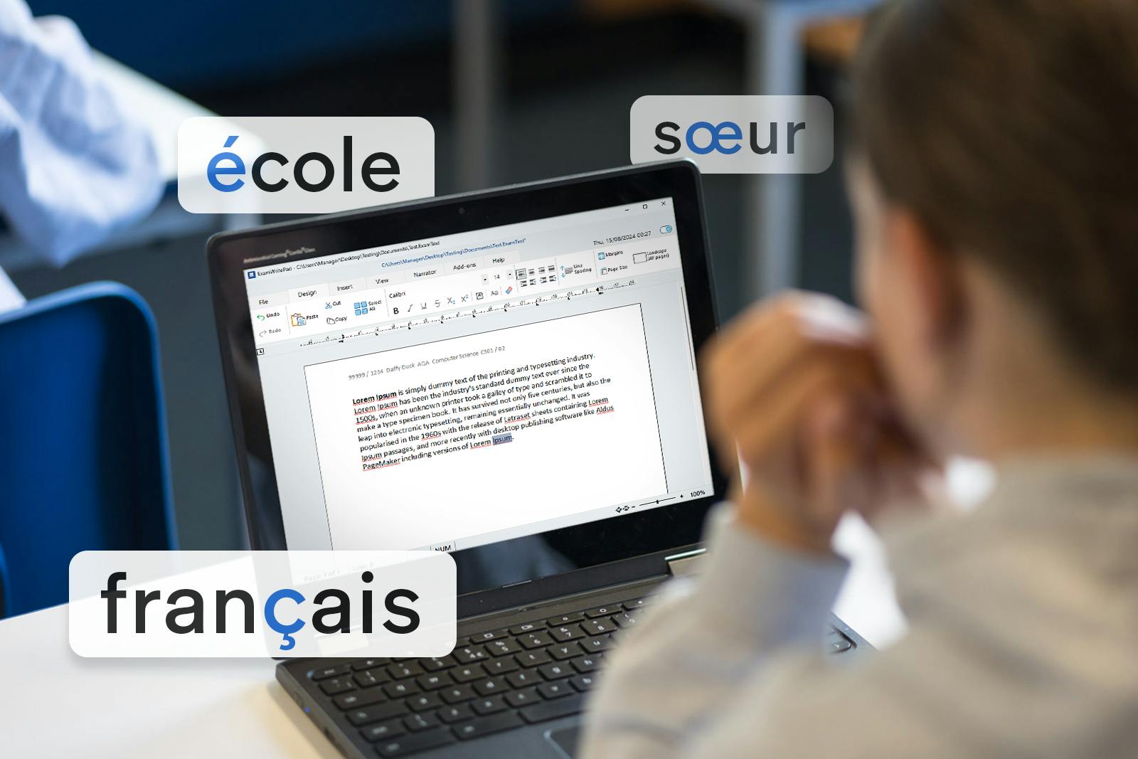 Student working on a laptop completing a digital exam. Text boxes with french words float in the background with special characters highlighted in blue.