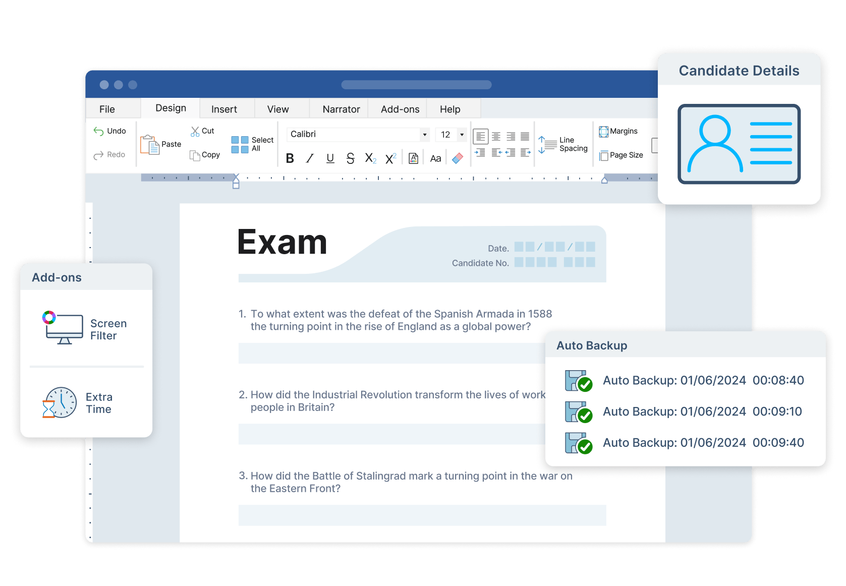 ExamWritePad mockup image showing key exam features including, auto backup, screen filter and add extra time.
