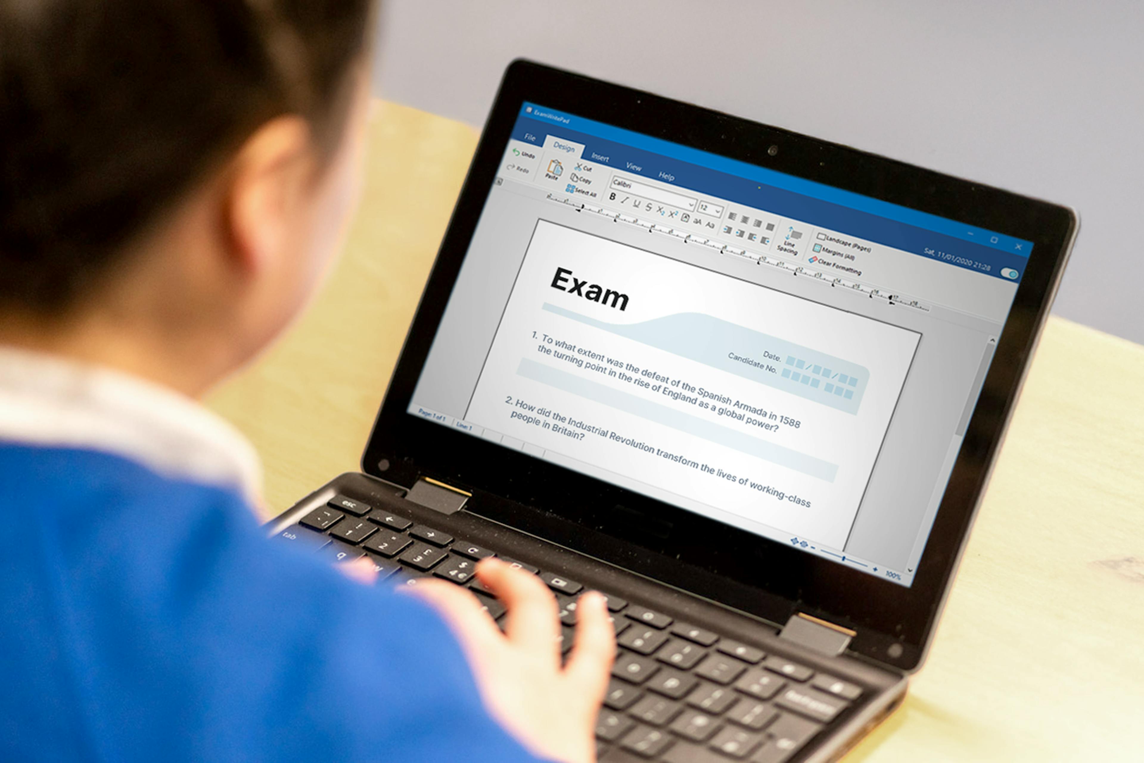 Student completing a digital exam on a laptop using ExamWritePad.