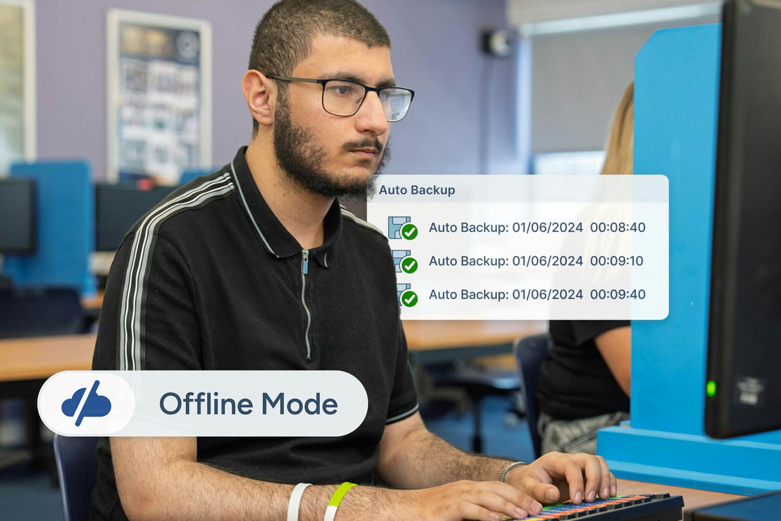 Student working on an exam using ExamWritePad on a desktop computer. UI elements float in the background showing key features including offline mode and auto backup.
