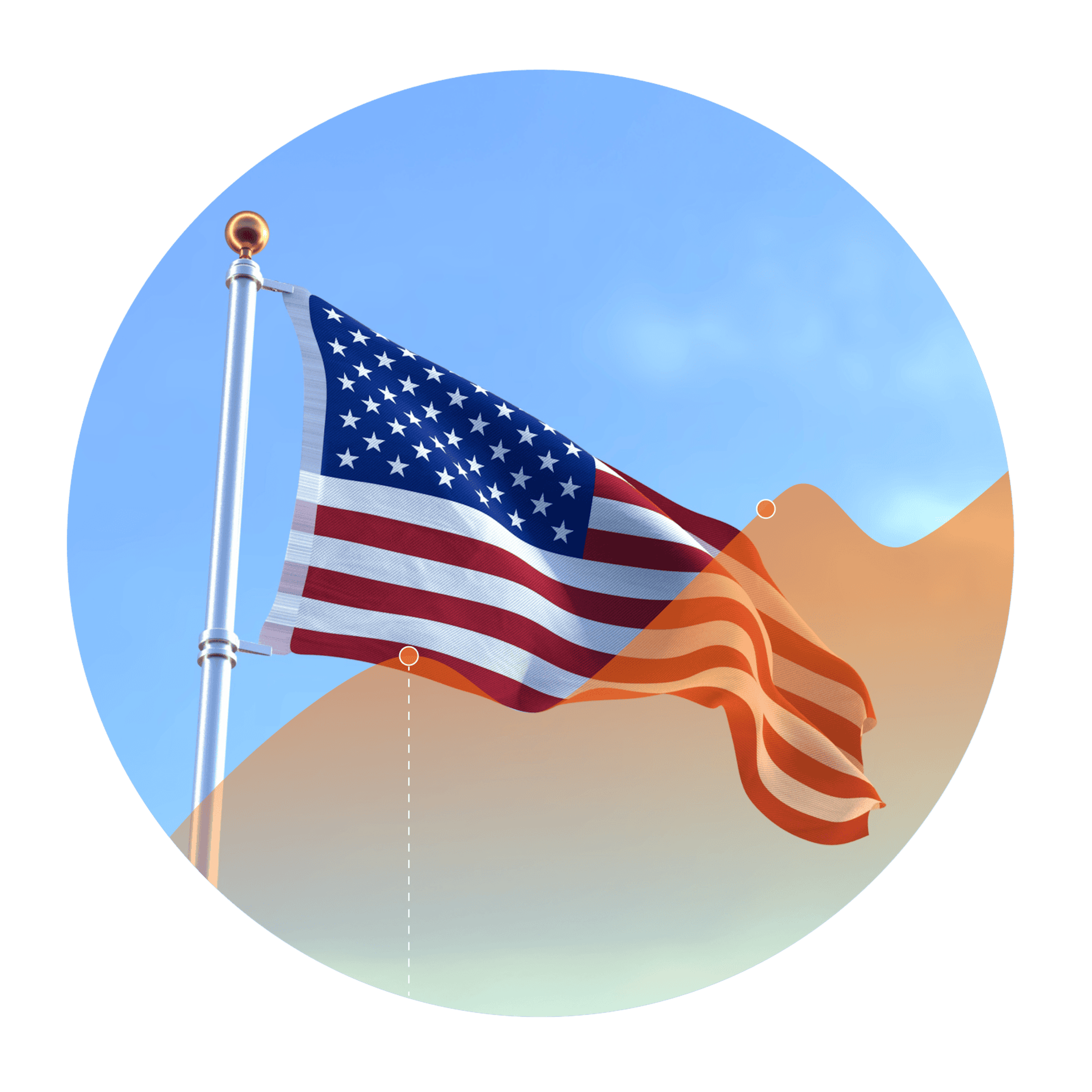 Photo of the U.S. flag with an overlay of an increasing line graph