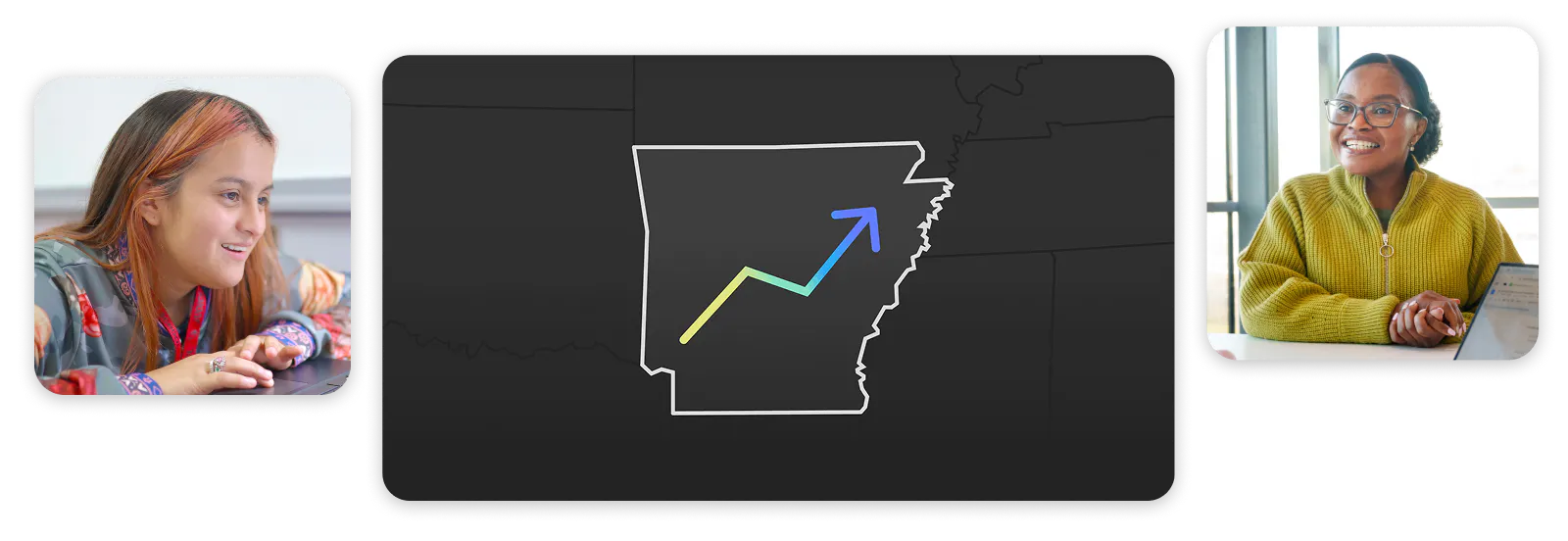 Outline of Arkansas with an increasing line graph, flanked on by two images of people looking at laptops