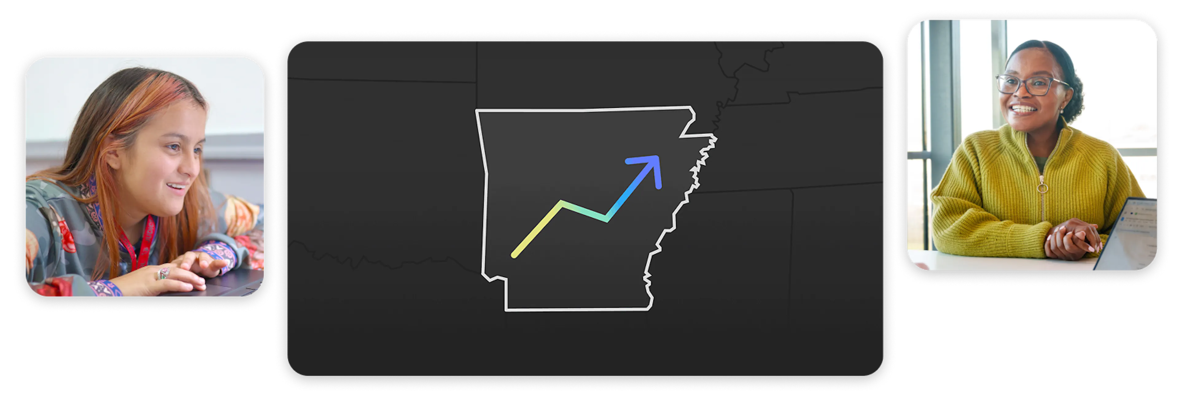 Outline of Arkansas with an increasing line graph, flanked on by two images of people looking at laptops