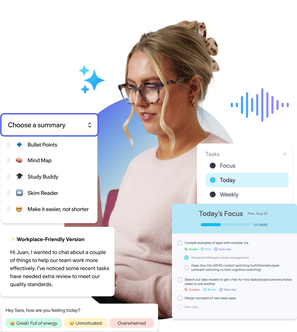 An employee surrounded by product ui of AI features within Read&Write and Mindview
