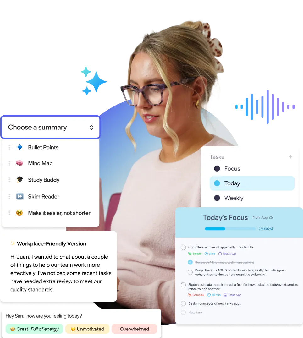 An employee surrounded by product ui of AI features within Read&Write and Mindview