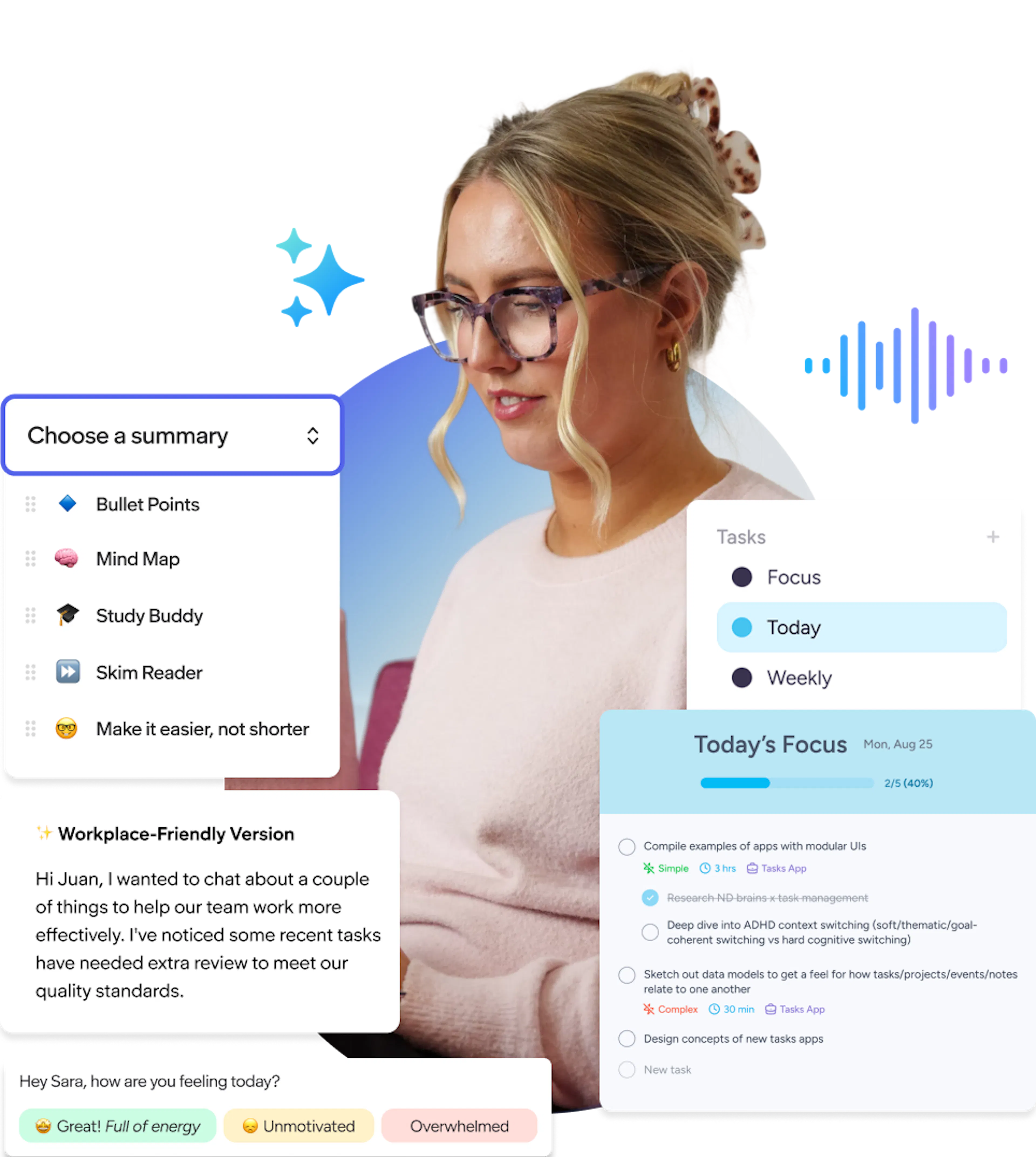 An employee surrounded by product ui of AI features within Read&Write and Mindview