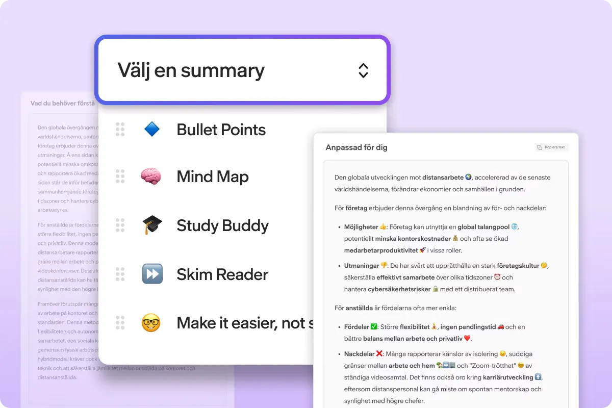 UI screenshot of Read&Write for Work summaries feature
