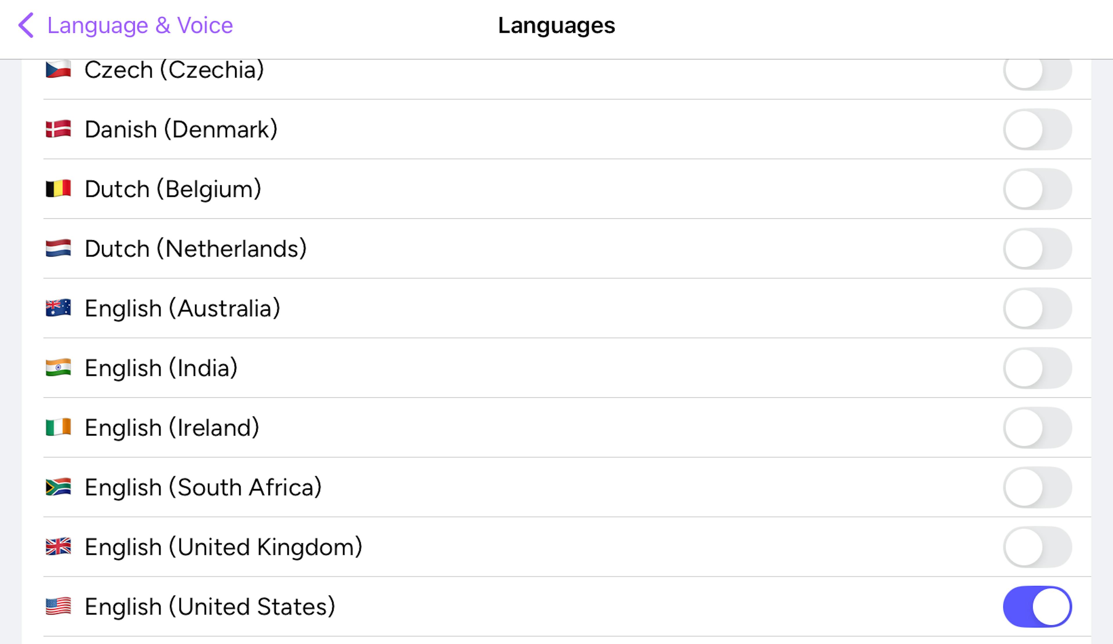Screenshot of languages options on Read&Write for iOS