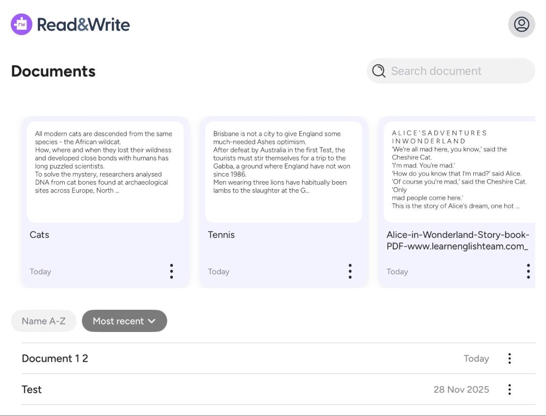 A screenshot of the new homescreen for Read&Write for iOS. It features three reading passages as well as the Read&Write logo