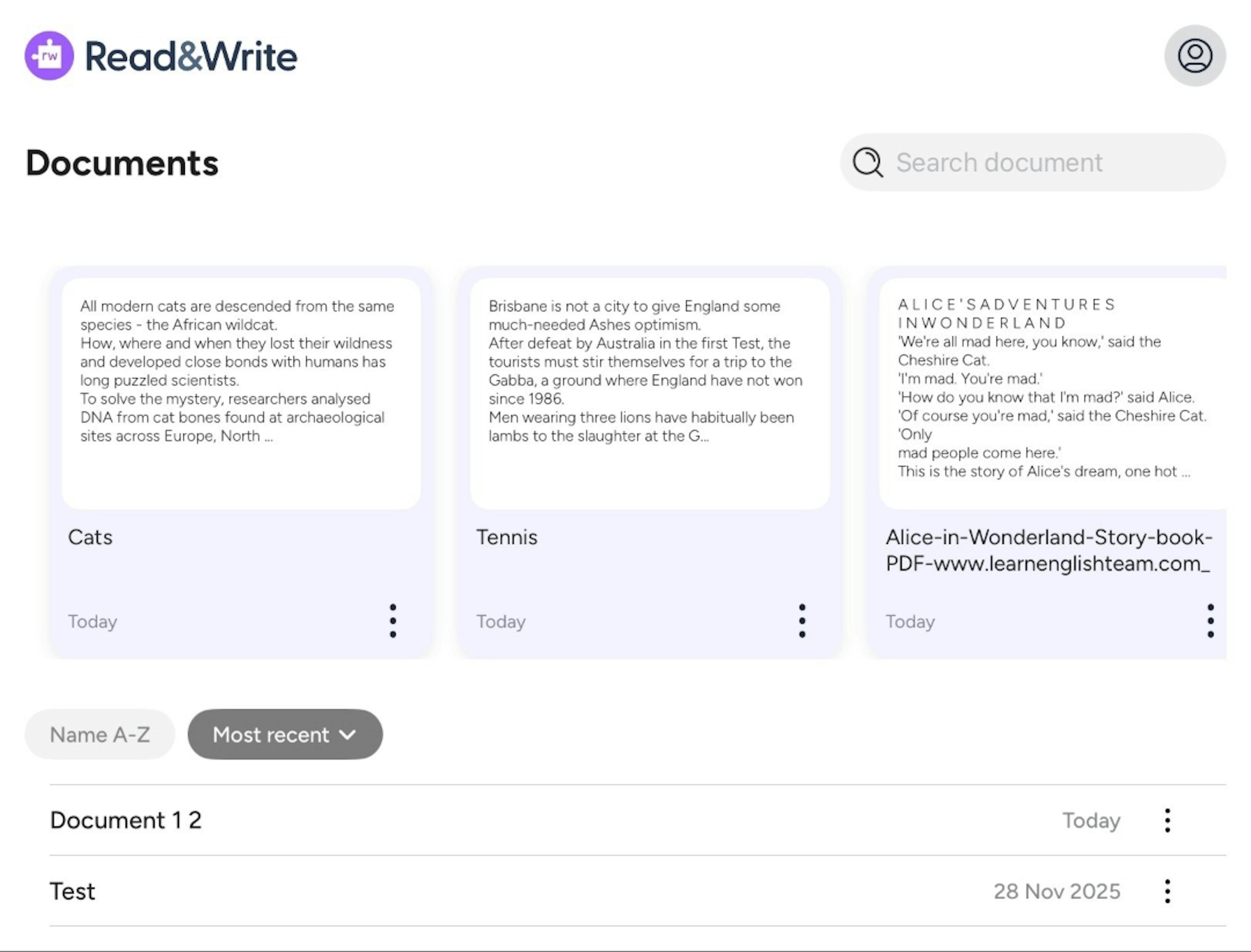 A screenshot of the new homescreen for Read&Write for iOS. It features three reading passages as well as the Read&Write logo