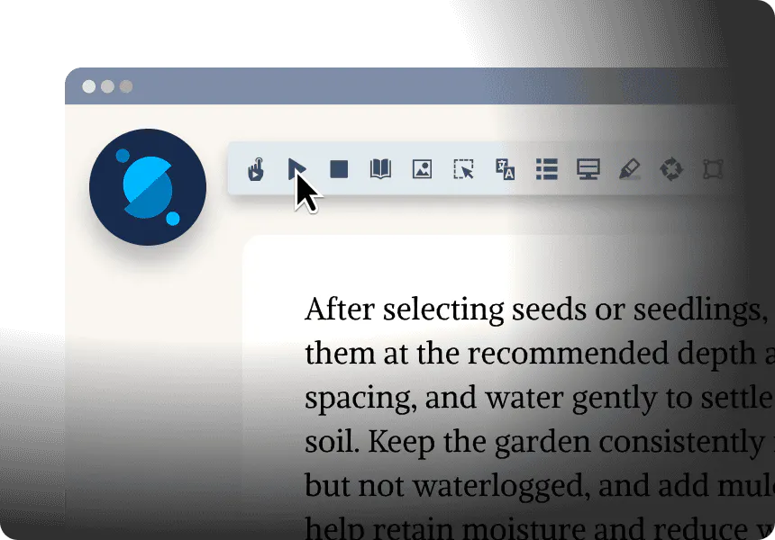 Toolbar with reading and annotation tools above text about planting seeds, including options for highlighting, images, and formatting.