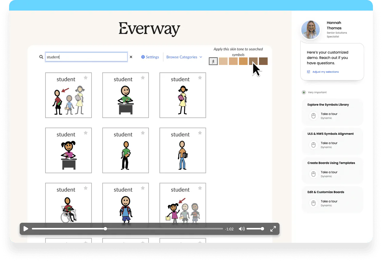 Symbol search interface showing results for “student” with multiple icon variations and options to adjust skin tone.