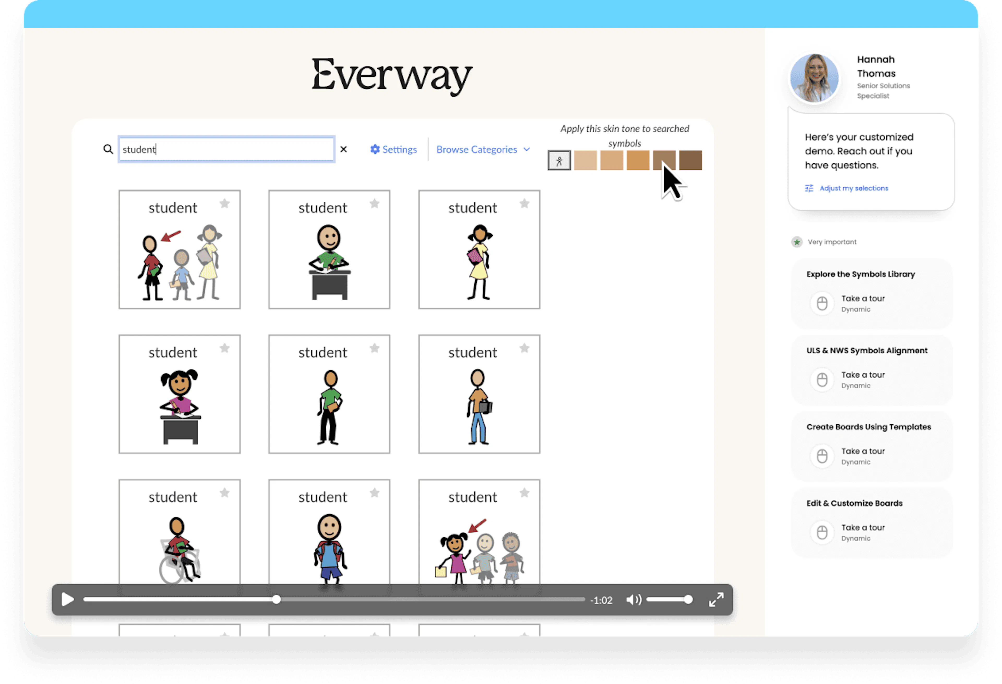 Symbol search interface showing results for “student” with multiple icon variations and options to adjust skin tone.